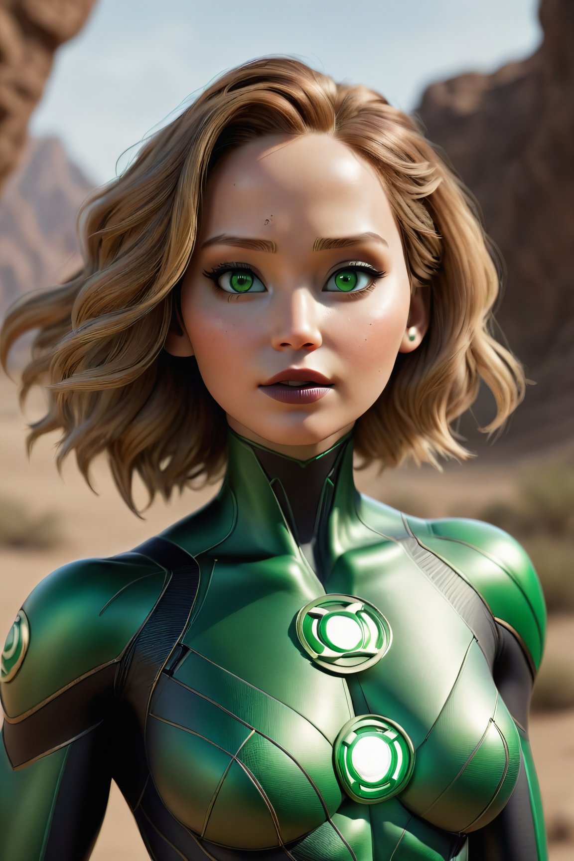 full body , masterpiece, 1girl, solo, photo of green lantern , (full body), legs, boot, tight bodysuit, looking at viewer, tan skin, sagging breast, makeup, dark lips, floating in dessert, detailed skin, detailed eyes, depth of field, 8k uhd, dslr, dim lighting, high quality, film grain, detailed eyes, unreal engine 5, detailed face, perfect anatomy,
,Movie Still,Film Still,Leonardo Style,HZ Steampunk, jennifer lawrence