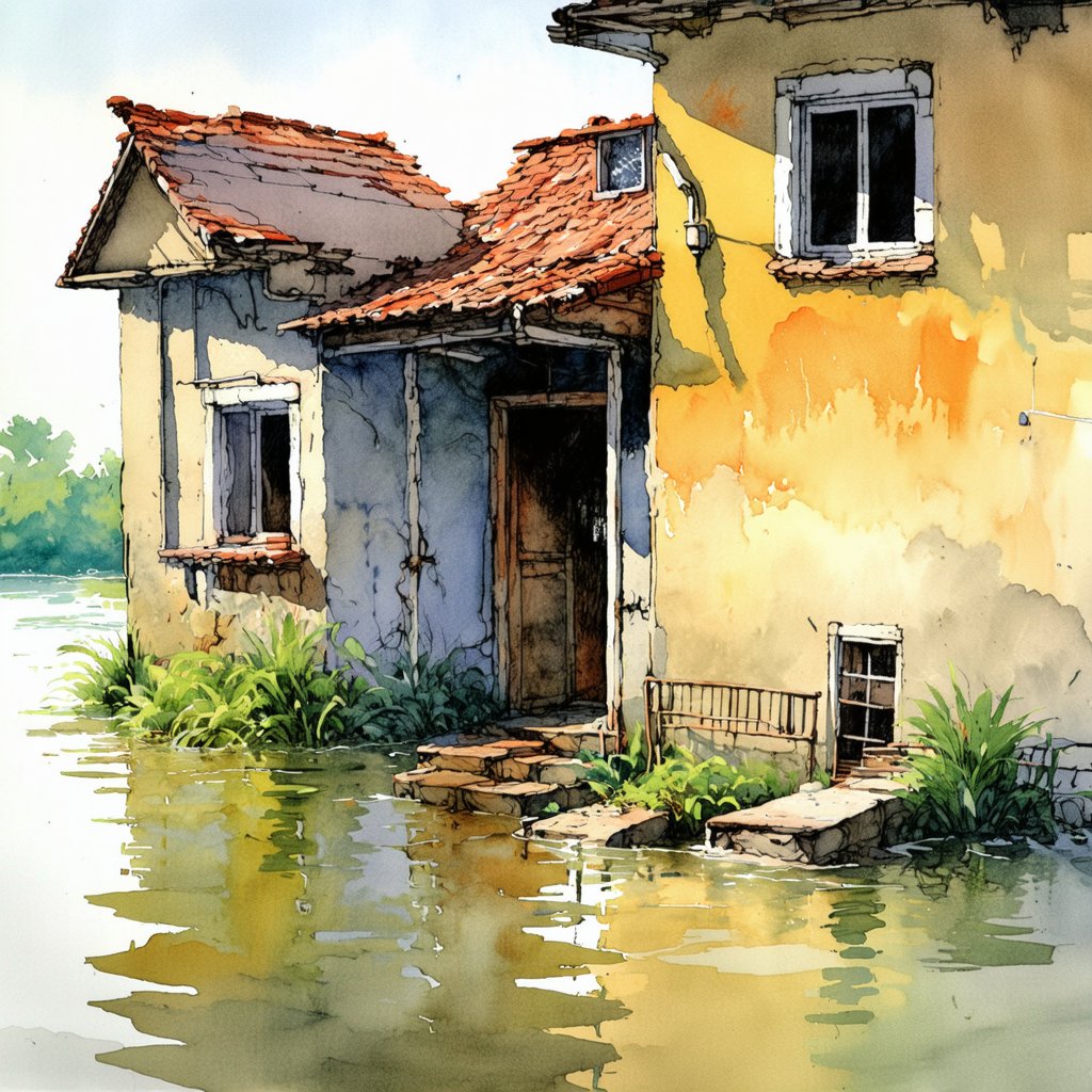 Fantasy realistic watercolor painting art of wall of abandon building with flood around