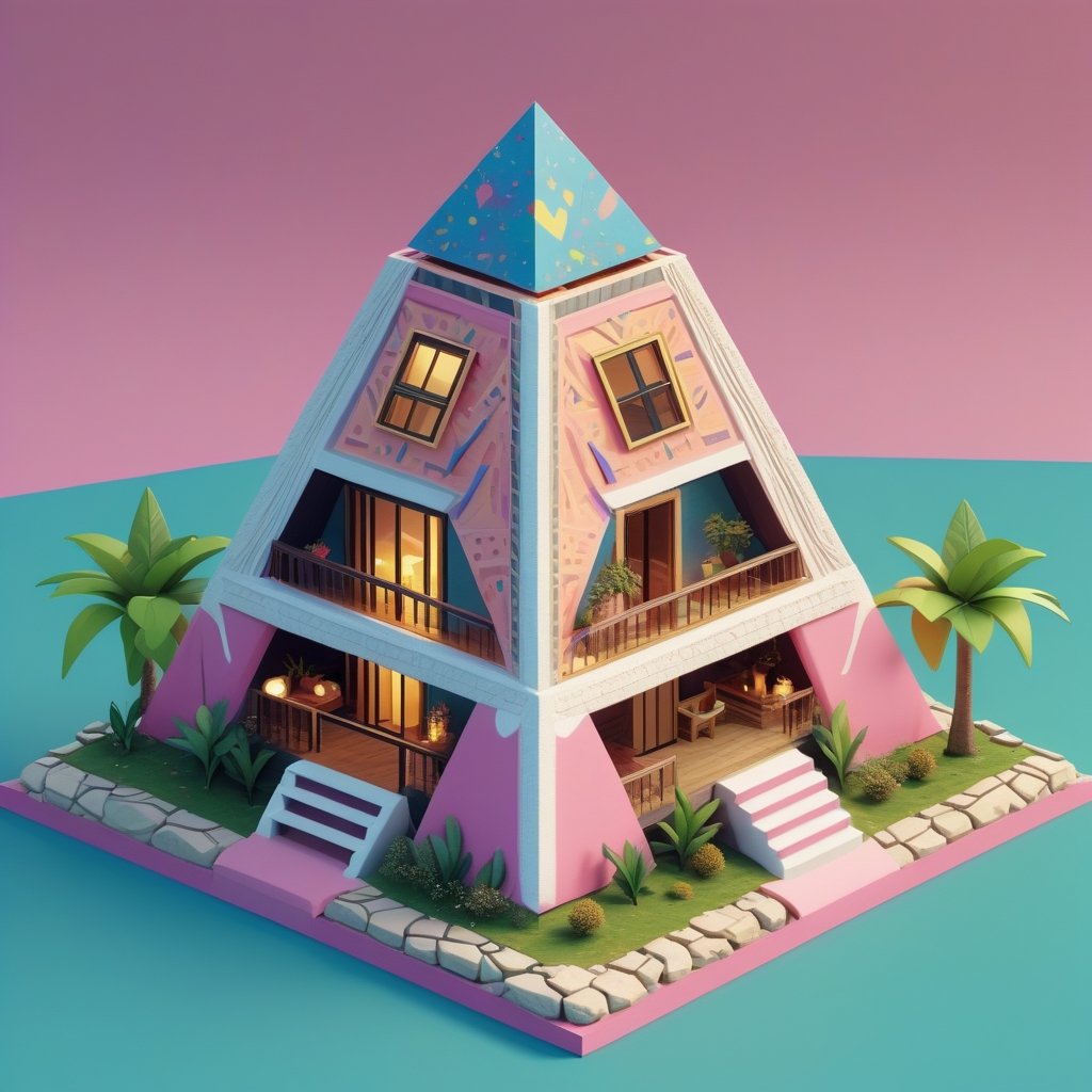 cute 3D isometric model of pyramid house | blender render engine niji 5 style expressive,3d isometric,3d style,
