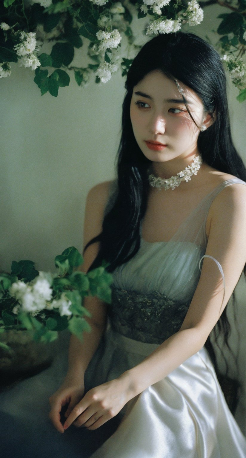 A dreamy, nostalgic scene unfolds as a 22-year-old girl with raven-black hair and porcelain-pale skin sits serenely against a dark, cinematic background. Her delicate features are partially obscured by a floral choker that blooms across her left eye like a tender vine. A soft, white satin skirt flows around her upper body, creating a sense of gentle movement. The vintage, analog photo aesthetic is heightened by the warm, faded tones and visible film grain, evoking a sense of nostalgia. The composition is illuminated by a subtle Tyndall effect, casting a mystical glow on the subject's features. Every detail is meticulously rendered, from the fine dust particles suspended in mid-air to the beautifully detailed shadows that dance across her skin. Hyper-detailed, this illustration masterfully captures the essence of a bygone era.