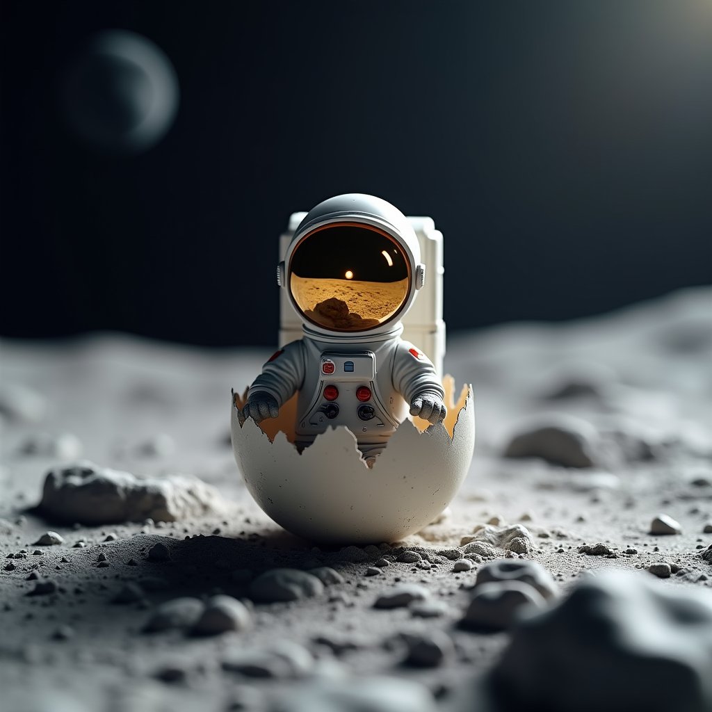 a tiny astronaut hatching from an egg on the moon