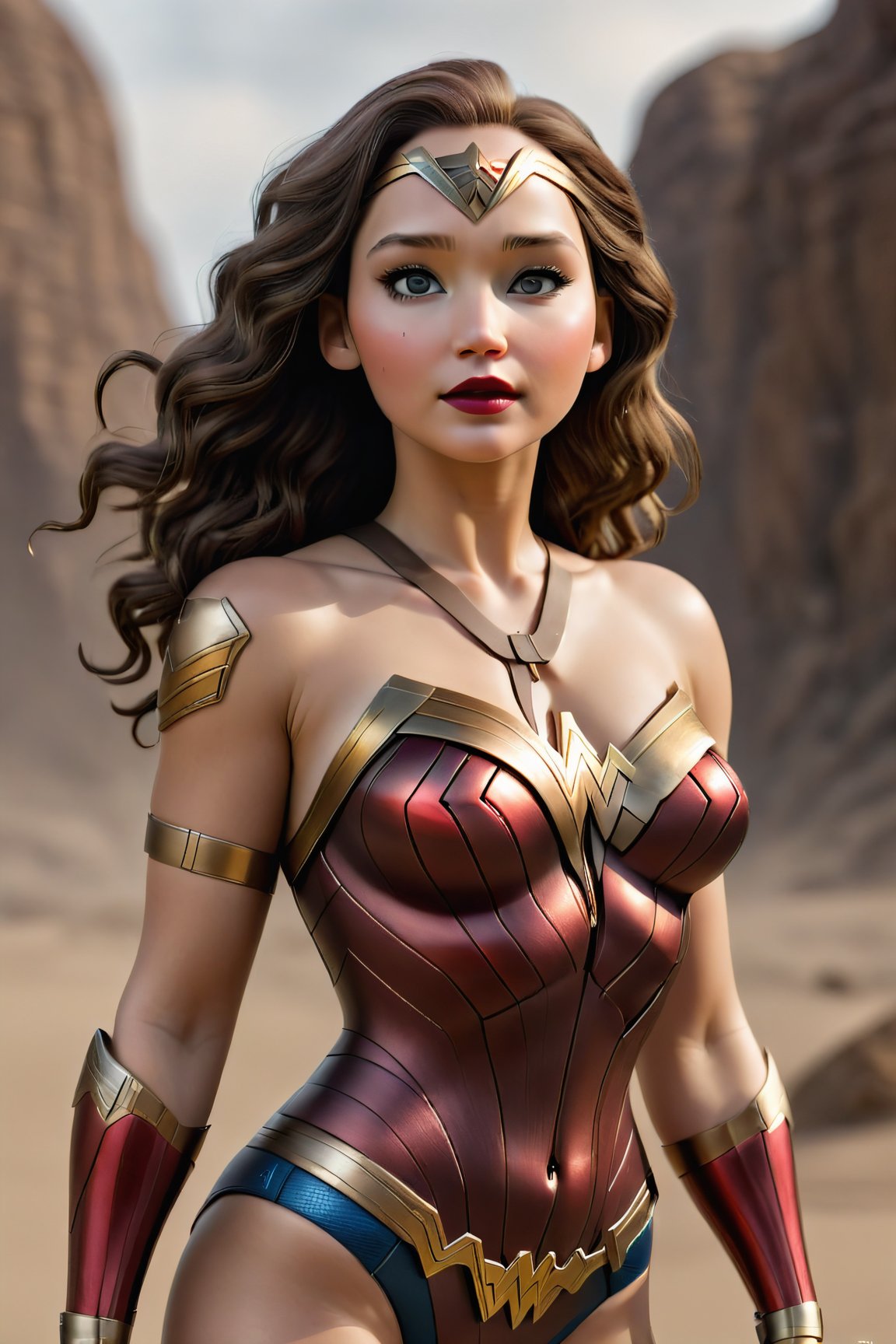 masterpiece, 1girl, solo, photo full body of thewonder woman costume  ,tight bodysuit, looking at viewer, tan skin, sagging breast, makeup, dark lips, floating in dessert, detailed skin, detailed eyes, depth of field, 8k uhd, dslr, dim lighting, high quality, film grain, detailed eyes, unreal engine 5, detailed face, perfect anatomy,
,Movie Still,Film Still,Leonardo Style,HZ Steampunk, jennifer lawrence