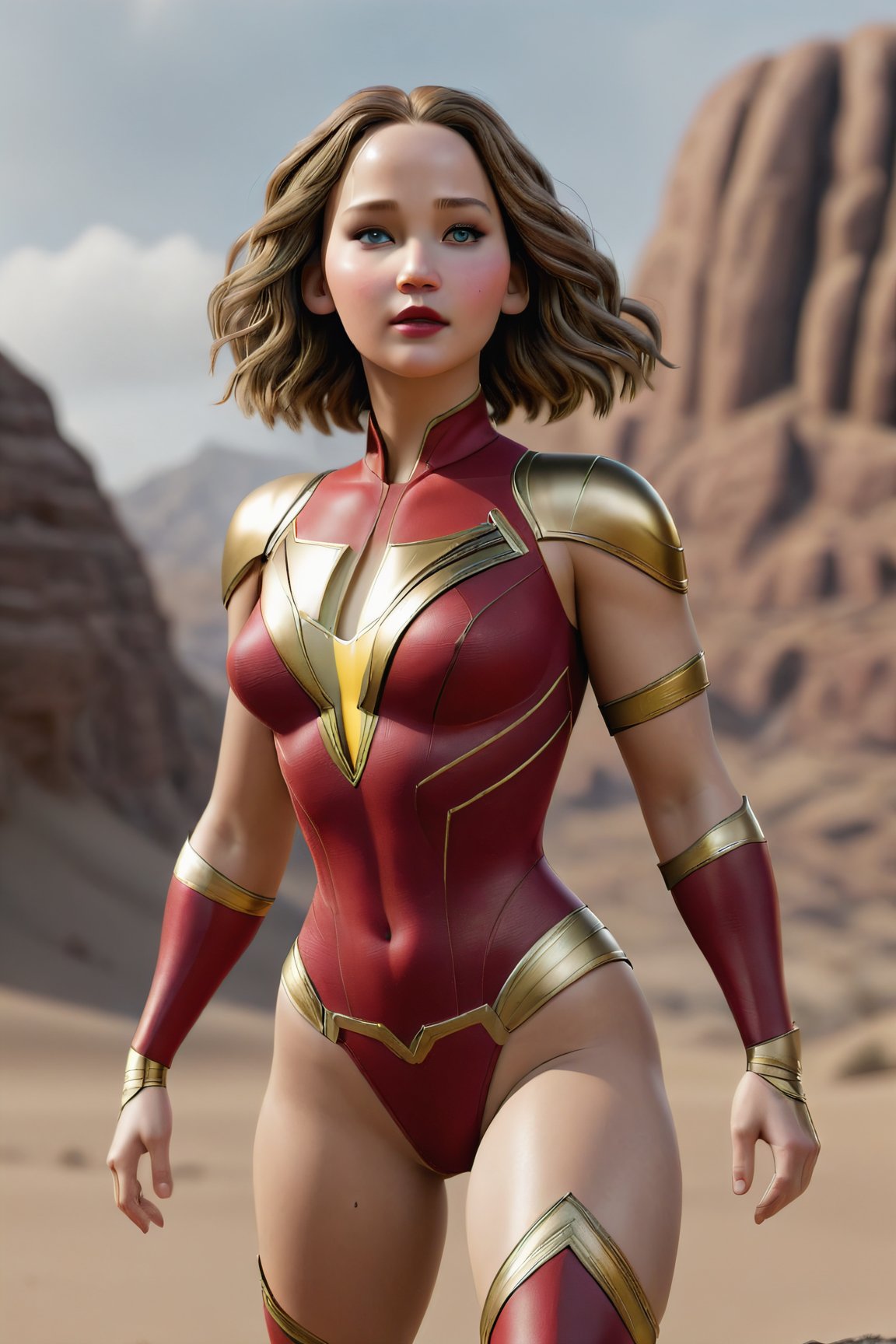 full body , masterpiece, 1girl, solo, photo of shazam costume , (full body),  fighting pose, legs, boot, tight bodysuit, looking at viewer, tan skin, sagging breast, makeup, dark lips, floating in dessert, detailed skin, detailed eyes, depth of field, 8k uhd, dslr, dim lighting, high quality, film grain, detailed eyes, unreal engine 5, detailed face, perfect anatomy,
,Movie Still,Film Still,Leonardo Style, jennifer lawrence