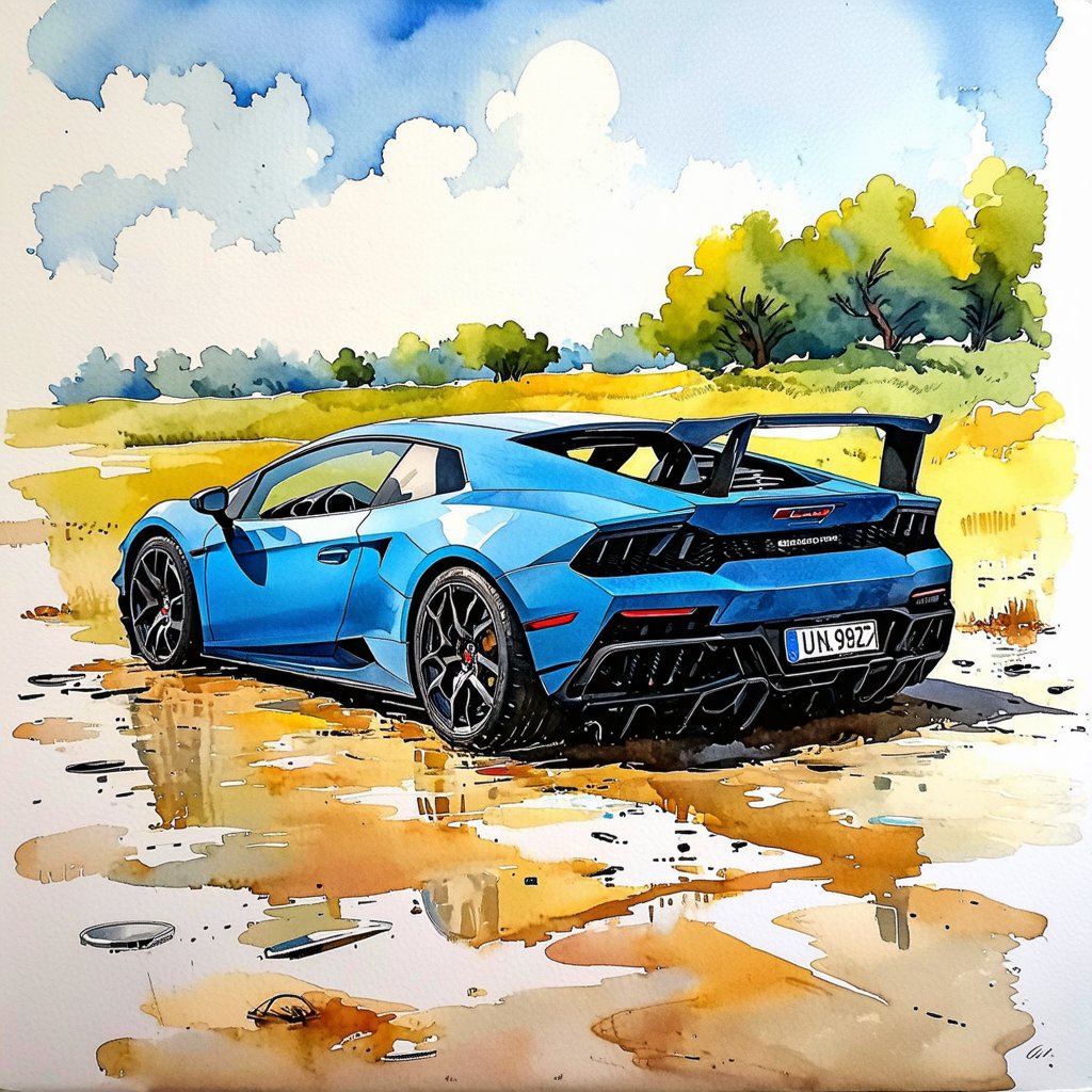 Fantasy realistic watercolor painting art of abandon lamborghini huracan evo For a thousand years, Obsolete cars, neglected cars, car wrecks 