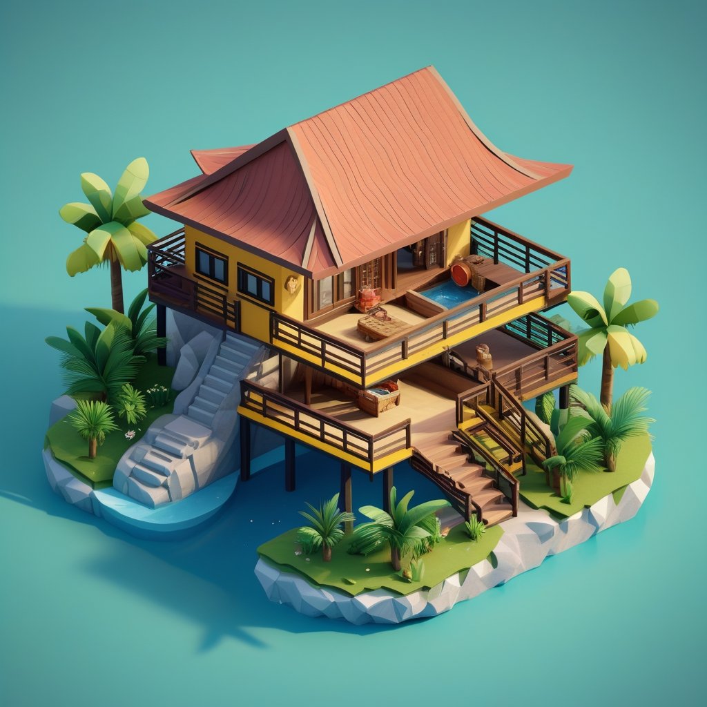 cute 3D isometric model of papua house | blender render engine niji 5 style expressive,3d isometric,3d style,
