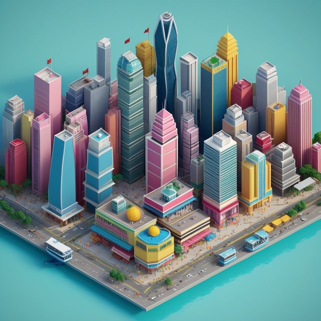 cute 3D isometric model of hong kong city | blender render engine niji 5 style expressive,3d isometric,3d style,