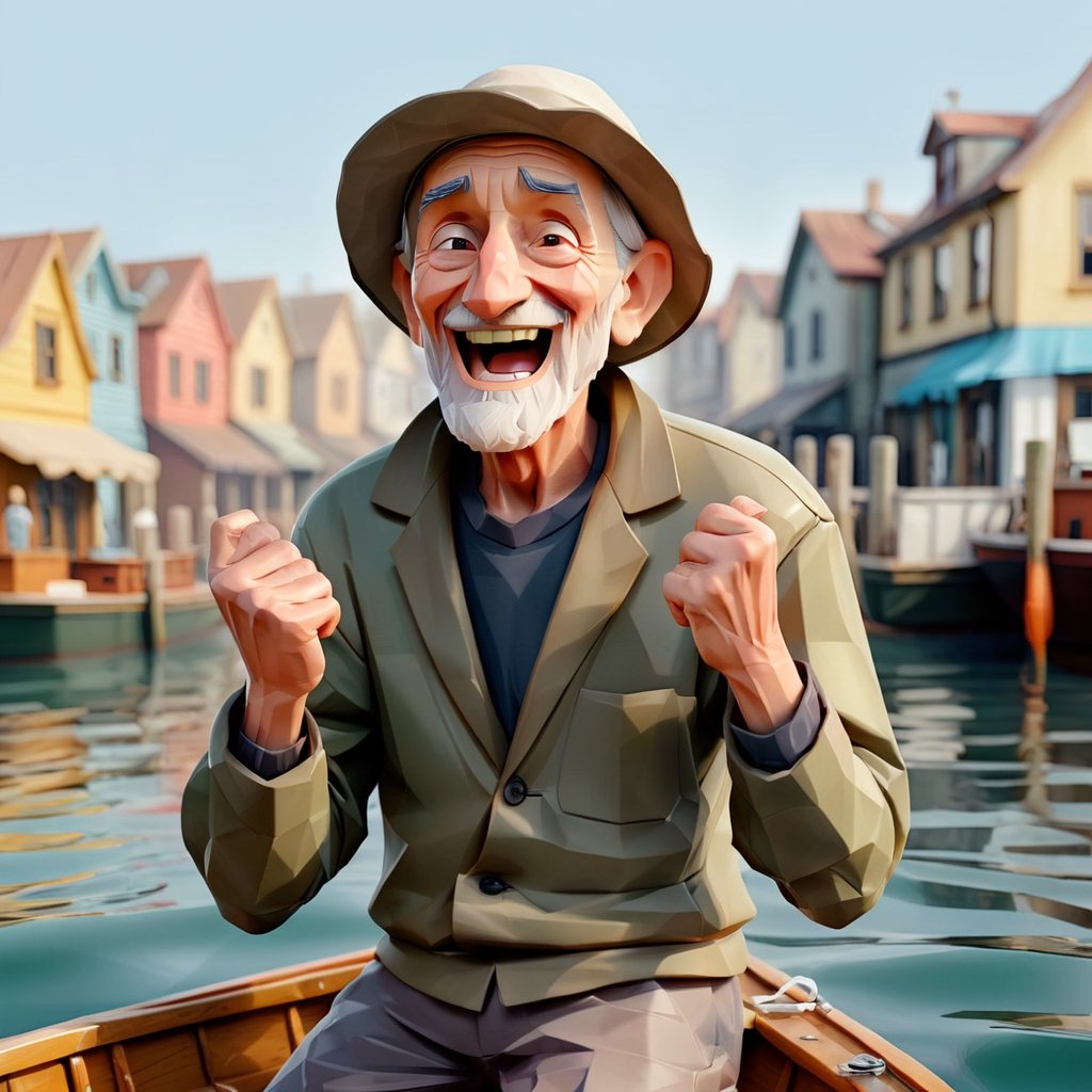 illustration of old man a fisherman docks his boat,background at fish pier, enthusiastic face, smile, hands up, holding his chin,  masterpiece, perfect anatomy, full body