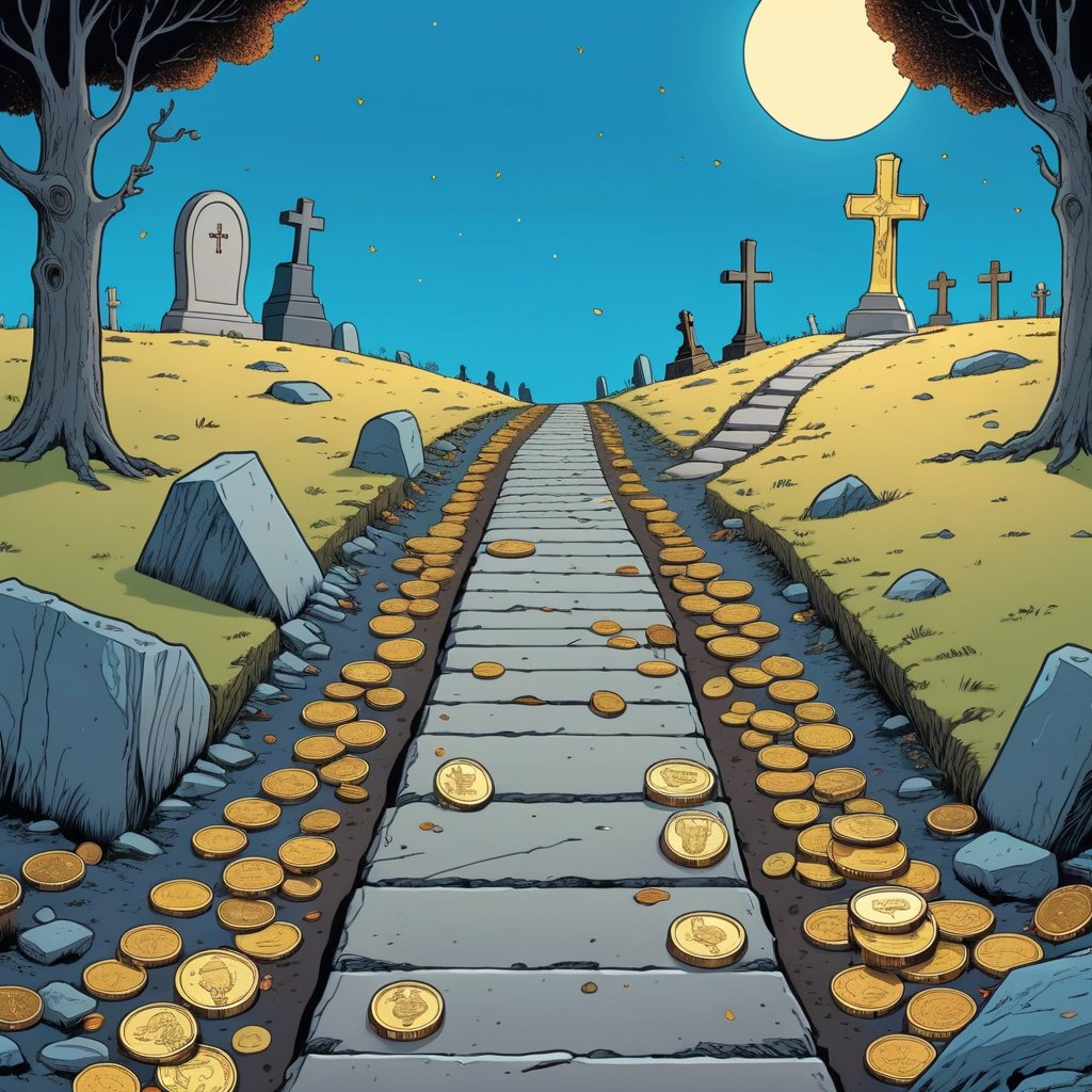 An illustration of A road filled with treasures and gold coins leading to a grave, (in the combined style of Mœbius and french comics), (minimal vector:1.1)