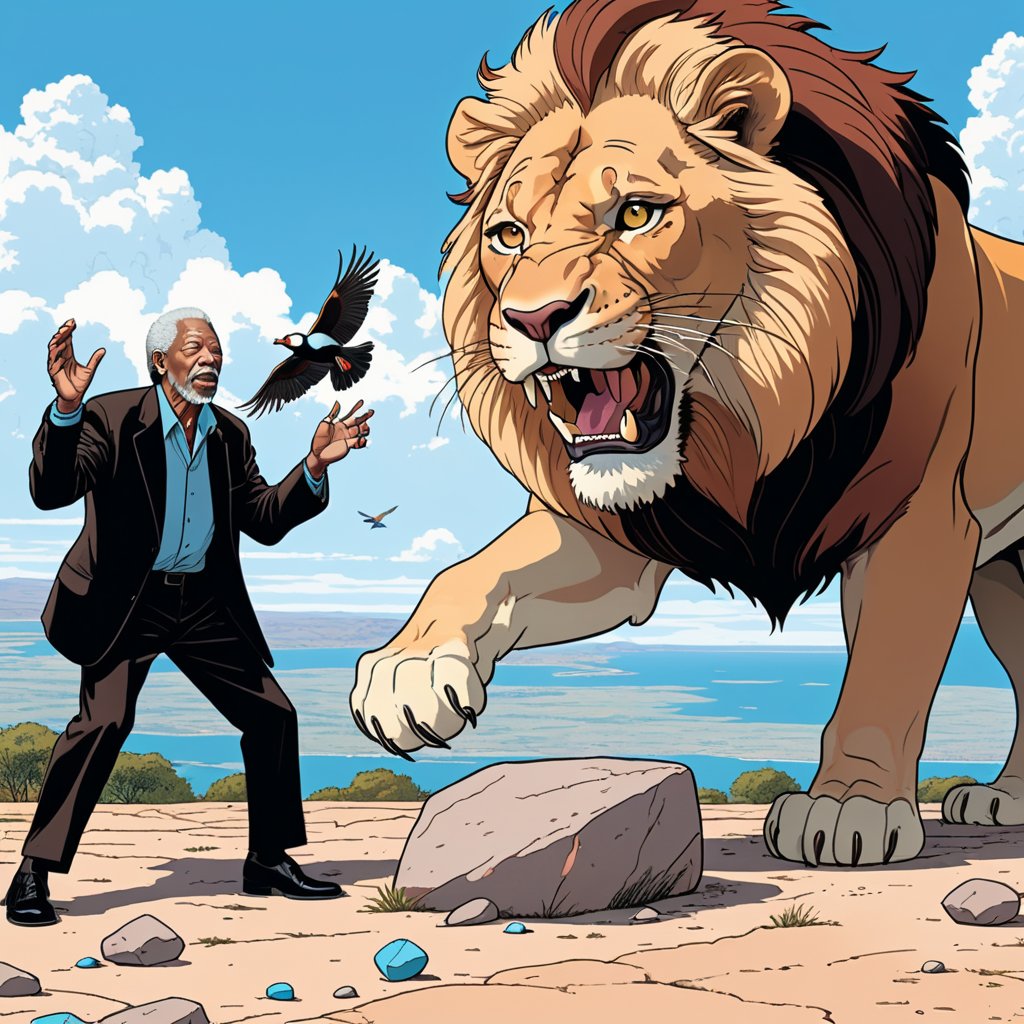 Morgan Freeman throwing a stone at the female lion, ((Bird’s eye view)), (in the combined style of Mœbius and french comics), (minimal vector:1.1)