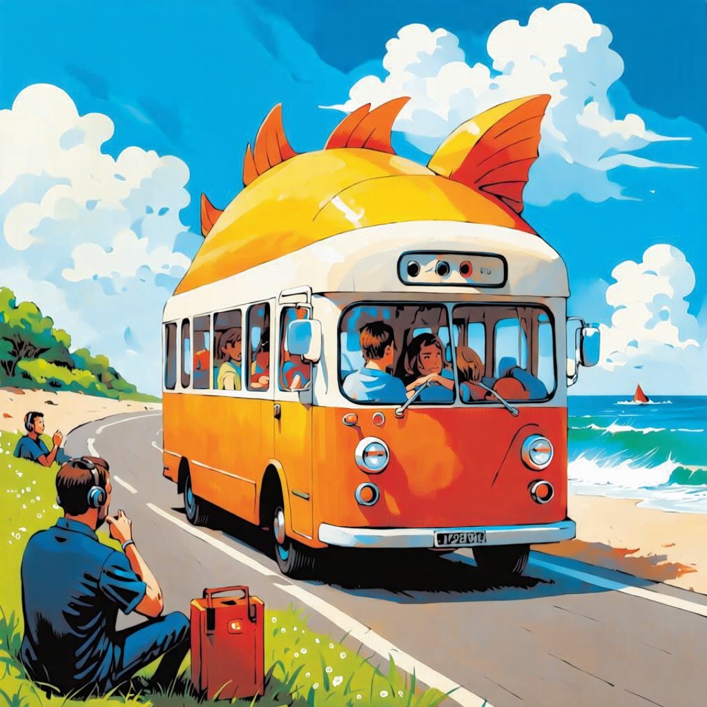 A quirky, imaginative illustration of a fish-shaped bus, cruising down a coastal road. Through the open windows, passengers can be seen inside, each in their own world. A group of people sit bored, their eyes glazed over and their shoulders slumped. Next to them, a couple of passengers are listening to music, one with headphones on, the other with a portable radio playing softly. The overall atmosphere of the image is whimsical, with a touch of surrealism.