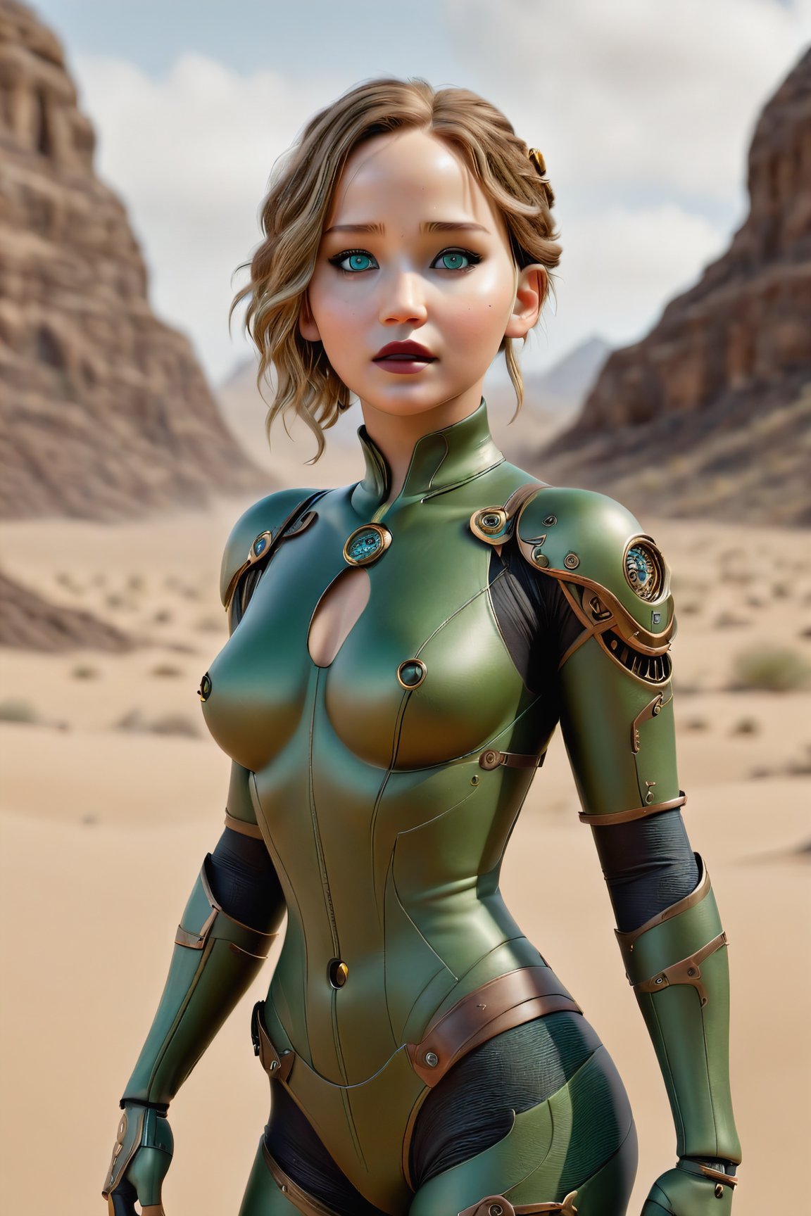 full body , masterpiece, 1girl, solo, photo of green adam  costume , (full body),  fighting pose, legs, boot, tight bodysuit, looking at viewer, tan skin, sagging breast, makeup, dark lips, floating in dessert, detailed skin, detailed eyes, depth of field, 8k uhd, dslr, dim lighting, high quality, film grain, detailed eyes, unreal engine 5, detailed face, perfect anatomy,
,Movie Still,Film Still,Leonardo Style,HZ Steampunk, jennifer lawrence