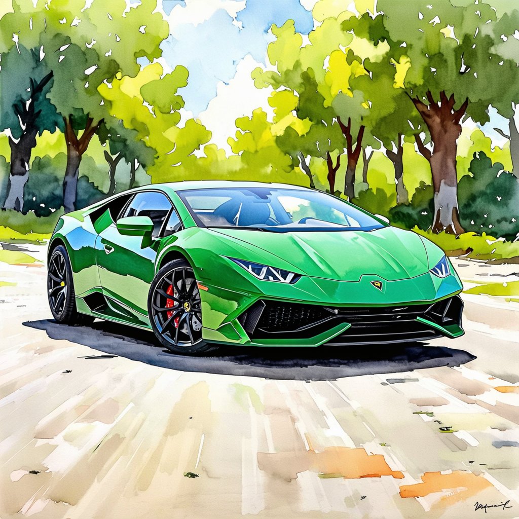 Fantasy realistic watercolor painting art of abandon lamborghini huracan evo For a thousand years