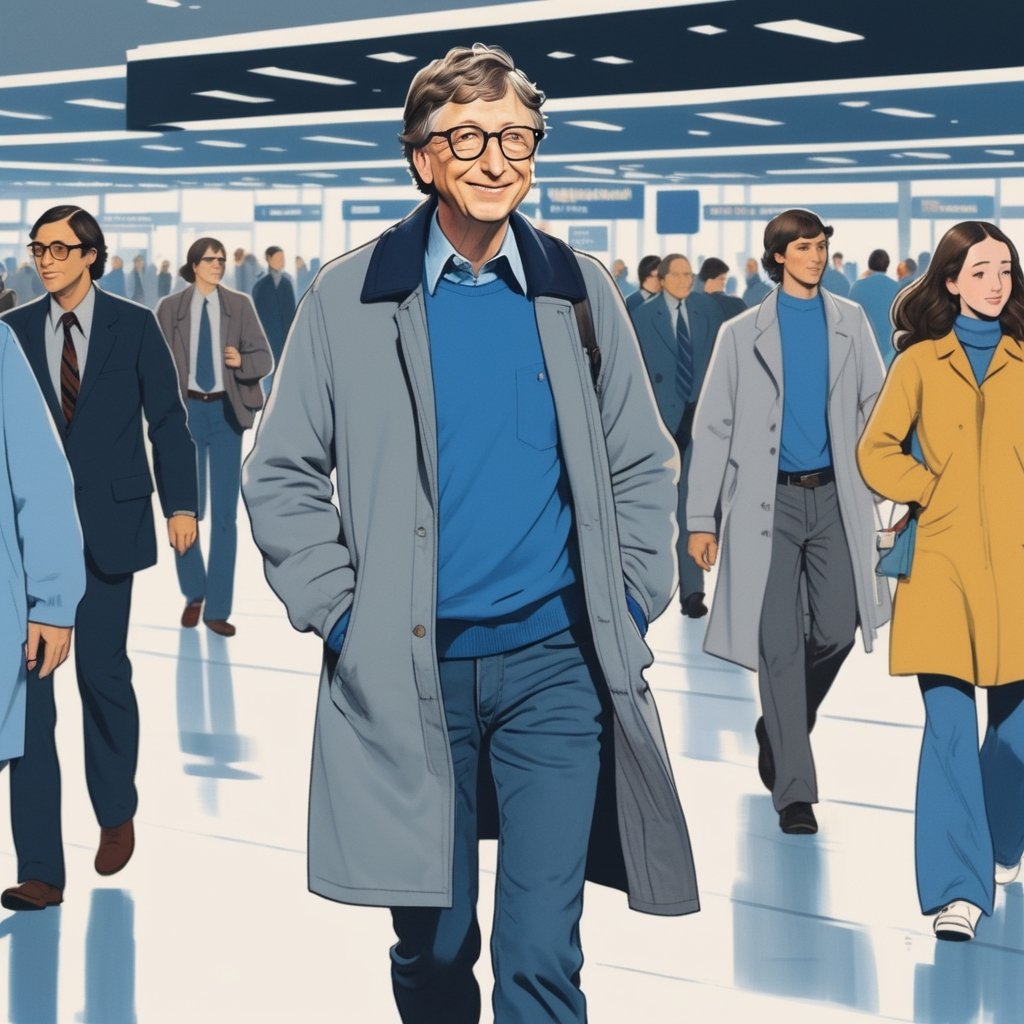 illustration of Bill Gates at the age of 20, wearing casual clothes with grey long coat, blue t shirt, walking at new york airport in 1975, full body, (looked from medium), art by Atey Ghailan, masterpiece, perfect anatomy,(cute comic)