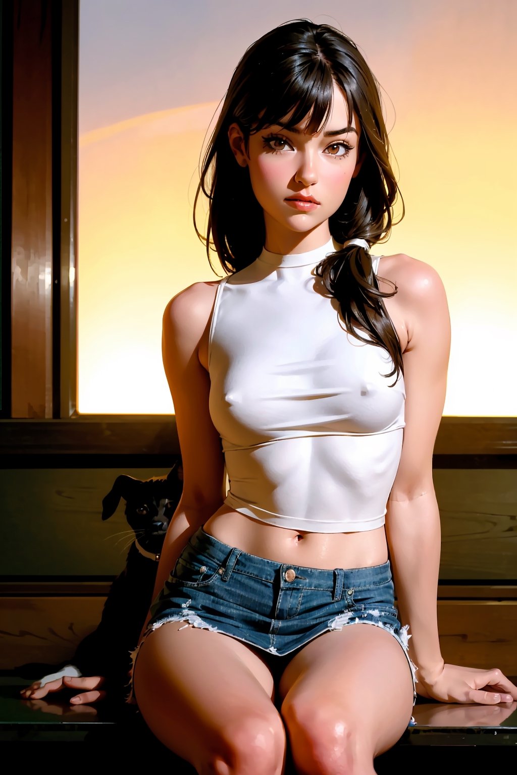 1girl, determined, closed mouth, split-color hair, medium hair, asymmetrical bangs, mini skirt, BREAK,
sits on a bench and reads a book. Next to her lies a dog,
absurdres,highres,ultra detailed,(photorealistic:1.3), RAW PHOTO,Sasha Grey