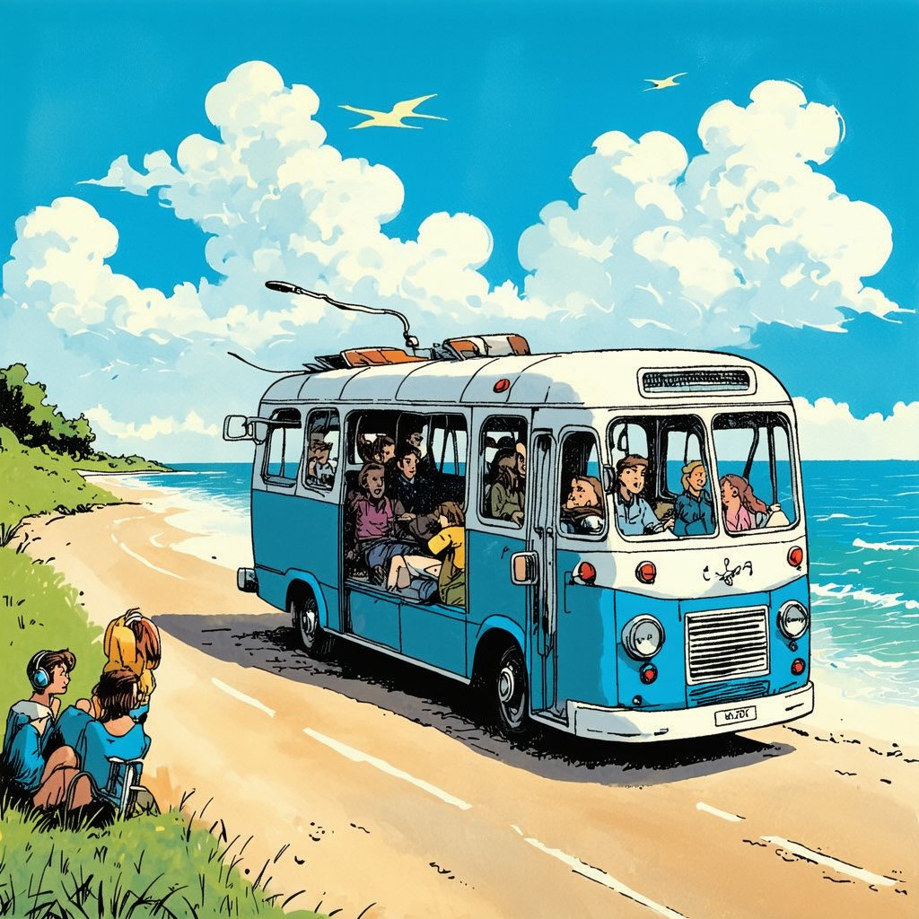 A quirky, imaginative illustration of a fish-shaped bus, cruising down a coastal road. Through the open windows, passengers can be seen inside, each in their own world. A group of people sit bored, their eyes glazed over and their shoulders slumped. Next to them, a couple of passengers are listening to music, one with headphones on, the other with a portable radio playing softly. The overall atmosphere of the image is whimsical, with a touch of surrealism.