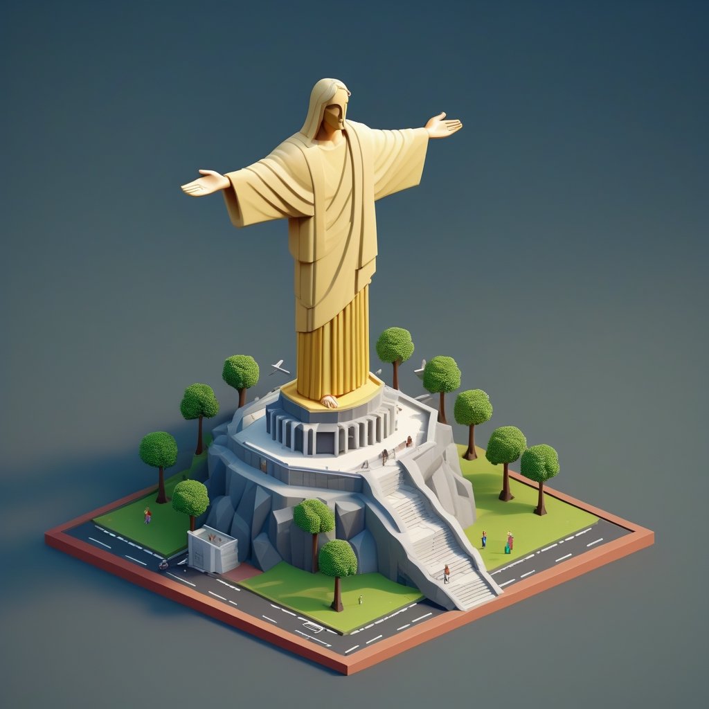 cute 3D isometric model of the Christ the Redeemer in Brazil | blender render engine niji 5 style expressive,3d isometric,3d style,