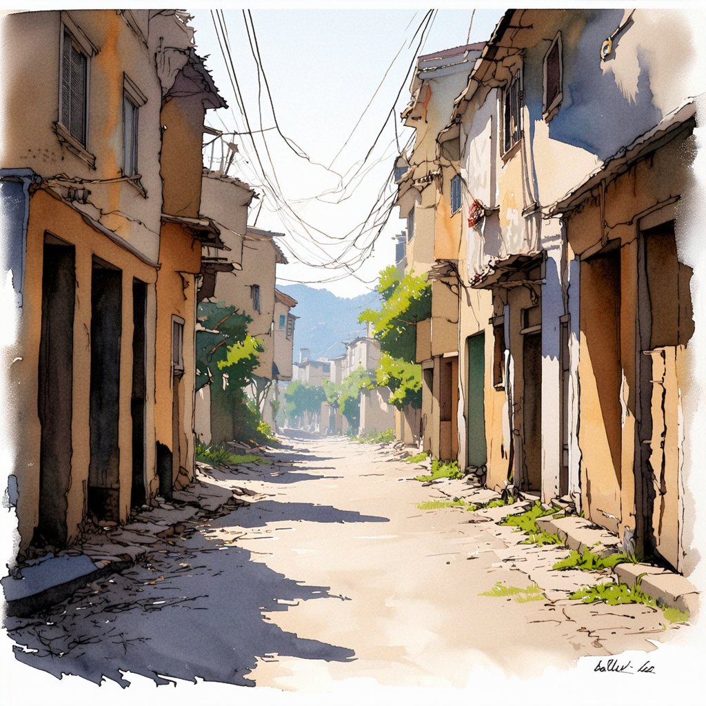 Fantasy realistic watercolor painting art of abandon street. there big text at street" follow ILDZIKF AI"