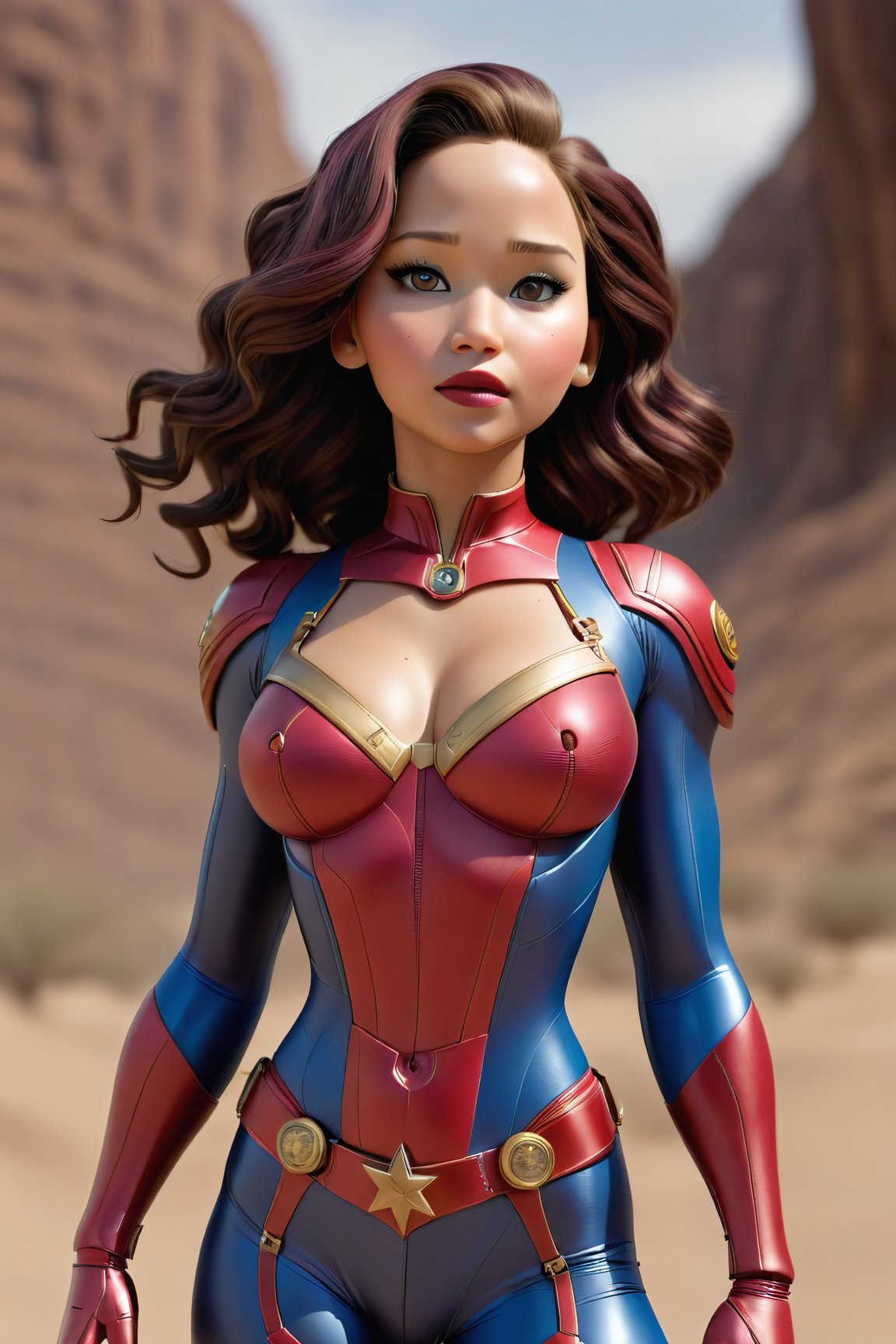 masterpiece, 1girl, solo, photo full body of the america chavez costume  ,tight bodysuit, looking at viewer, tan skin, sagging breast, makeup, dark lips, floating in dessert, detailed skin, detailed eyes, depth of field, 8k uhd, dslr, dim lighting, high quality, film grain, detailed eyes, unreal engine 5, detailed face, perfect anatomy,
,Movie Still,Film Still,Leonardo Style,HZ Steampunk, jennifer lawrence