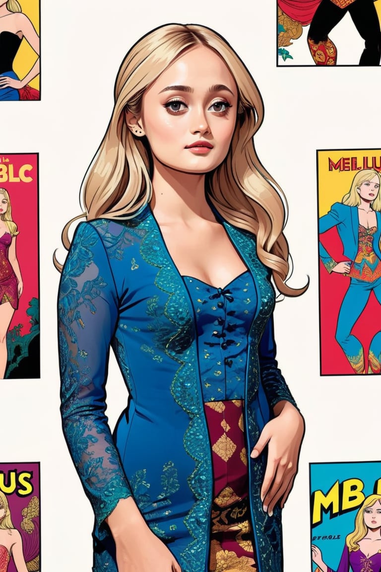 ella purnel, full body, lust face, o mouth, slim body, wearing kebaya, long blonde hair,(in the combined style of Mœbius and french comics), (minimal vector:1.1), simple background,ella_purnell,