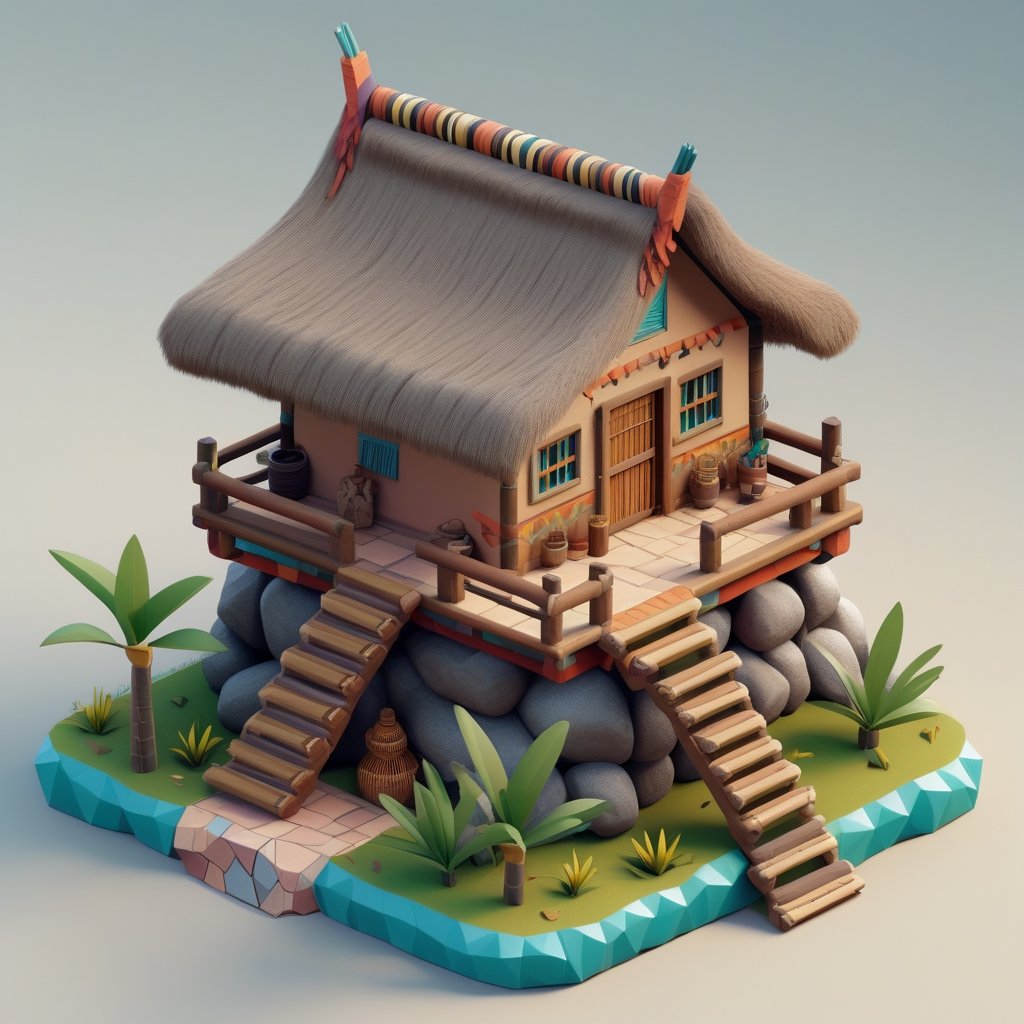 cute 3D isometric model of tribal house | blender render engine niji 5 style expressive,3d isometric,3d style,