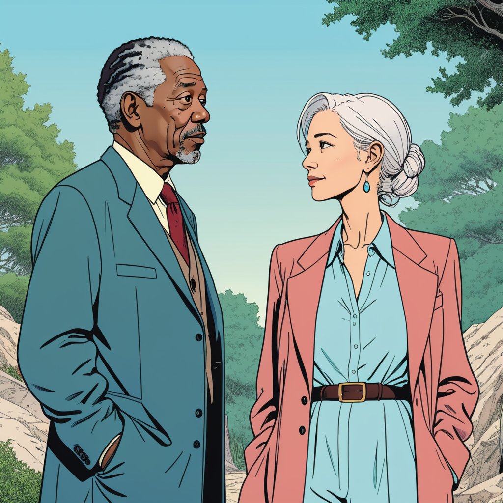 Morgan Freeman with his one wife, facing away from the viewer (in the combined style of Mœbius and french comics), (minimal vector:1.1), background at zoo