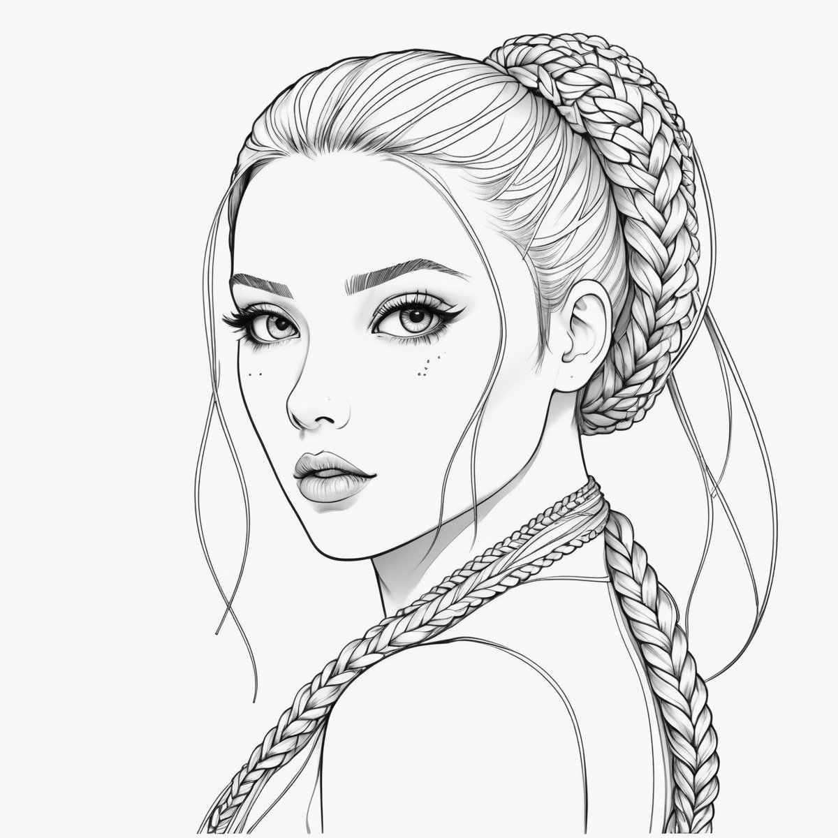 coloring book, bold line art. White and black minimalistic draw coloring page formakima, braided ponytail, ringed eyes. Defined lines. Clean Drawn. Vector, Coloring Page, Bold line art, Coloring Book, Outline, Coloring, Coloring Sheet, Coloring Book, Coloring Page, Black and white, illustration, Draw, drwbk coloring book drawing