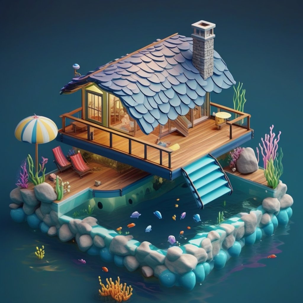 cute 3D isometric model of underwater house | blender render engine niji 5 style expressive,3d isometric,3d style,
