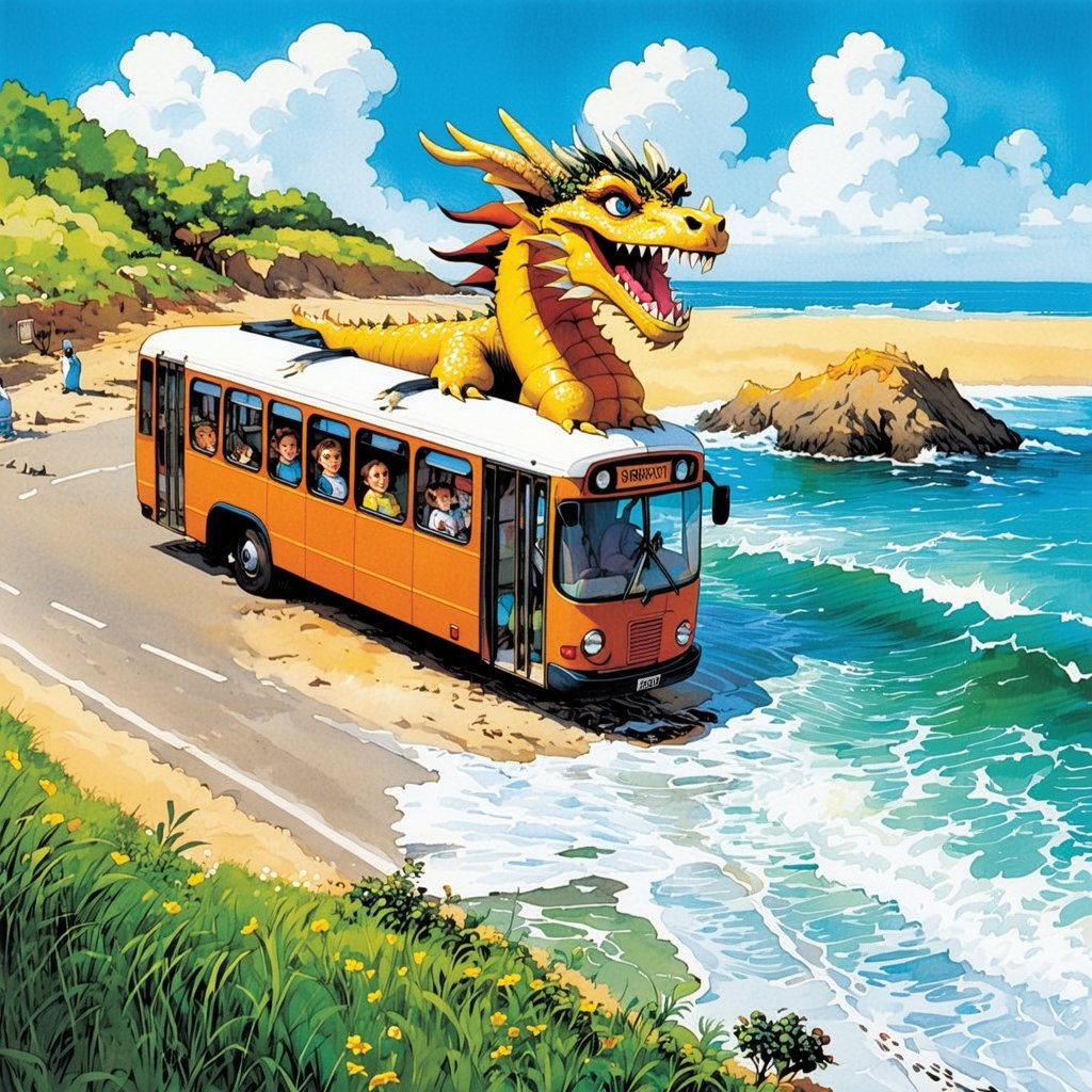 A quirky, imaginative illustration of a dragon-shaped bus, cruising down a coastal road. Through the open windows, passengers can be seen inside. The overall atmosphere of the image is whimsical, with a touch of surrealism.