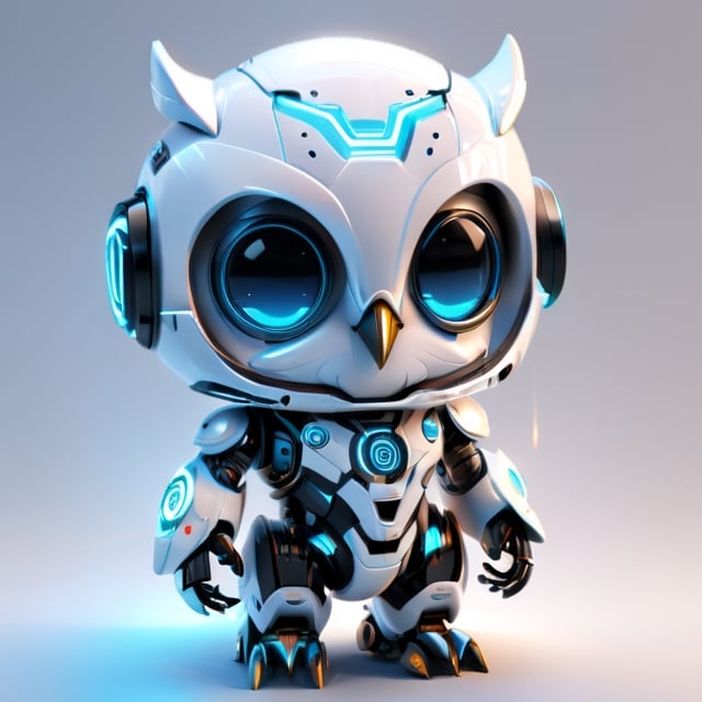 centered, ((solo)), digital art, full body, | cute of robot wearing owl helmet, chibi, black and blue sky futuristic, neon lights, | (white background:1.2), simple background, | (symetrical), glowing eyes, ((text " TA" on head, number " 10 " on chest,)), 