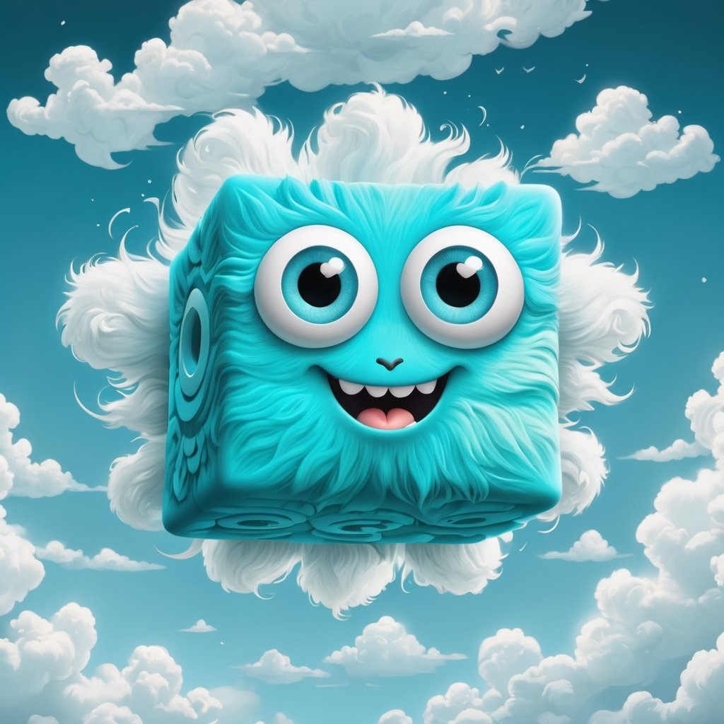 Happy fluffy cyan cube with eyes and (tiny long hands:1.4) isolated on white.,mythical clouds