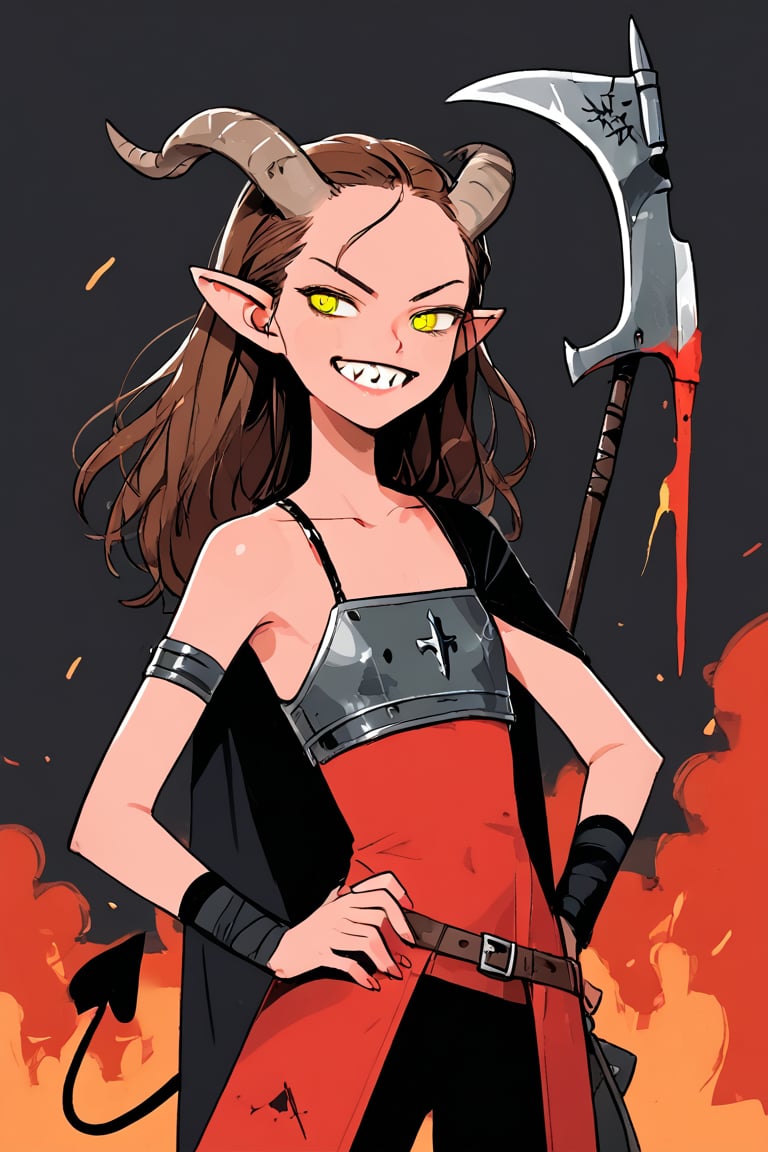 1girl, solo, grin, horns, smile, teeth, collarbone, armor, axe, bare shoulders, broken horn, brown hair, colored skin, demon girl, demon horns, demon tail, fire, flat chest, hand on own hip, holding, holding axe, holding weapon, long hair, looking at viewer, pointy ears, red hair, red skin, sharp teeth, single bare shoulder, tail, tiefling, upper body, weapon, yellow eyes