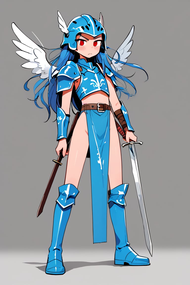 1girl, solo, braid, sidelocks, blush, :<, armor, blue armor, blue footwear, blue hair, boots, cosplay, dot nose, flat chest, helmet, holding, holding weapon, jitome, legs, long hair, looking at viewer, pelvic curtain, red eyes, shoulder armor, sword, thighs, v-shaped eyebrows, warrior, weapon, winged helmet