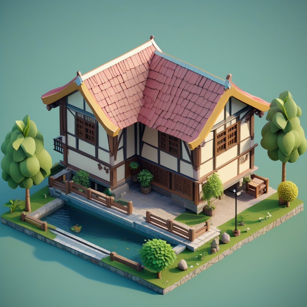 cute 3D isometric model of joglo house | blender render engine niji 5 style expressive,3d isometric,3d style,
