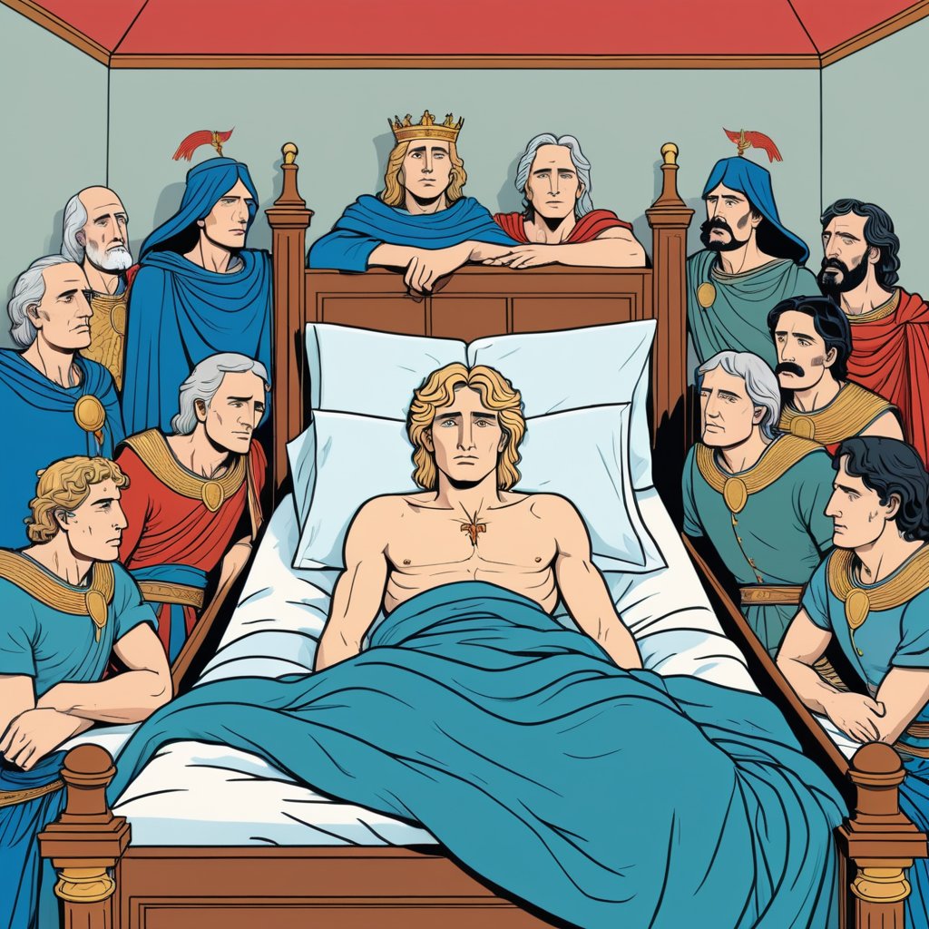 An illustration of a sick Alexander the Great lying in bed surrounded by his generals, upside view, (in the combined style of Mœbius and french comics), (minimal vector:1.1)