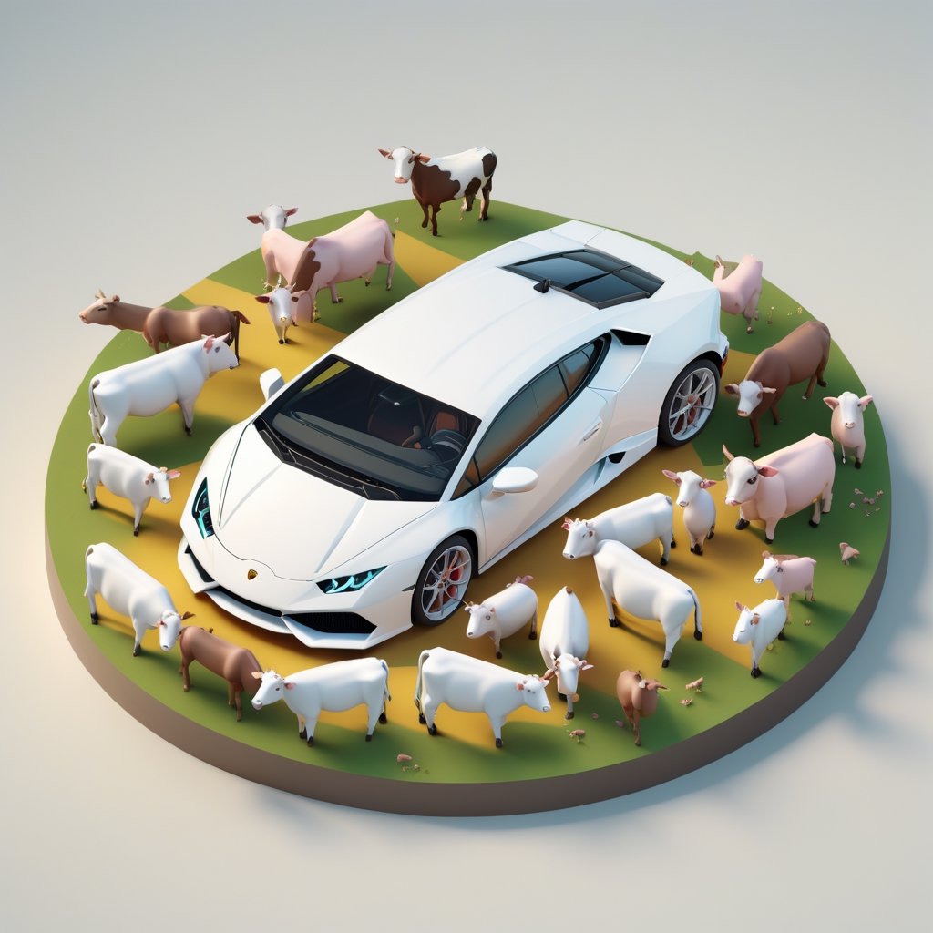 cute 3D isometric model of a white lamborghini huracan surrounded by full livestock | blender render engine niji 5 style expressive,3d isometric,3d style,