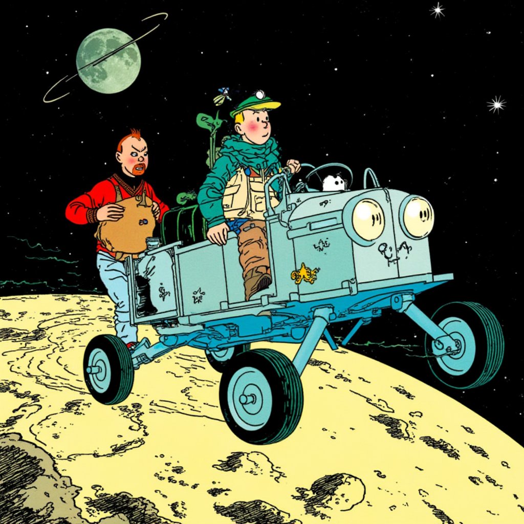 titin_style, A cartoon ilustration flying car at moon surface