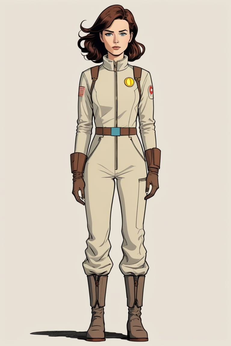 lucy mac,  woman, slim fallout vast jumpsuit, (in the combined style of Mœbius and french comics), (minimal vector:1.1), simple background, falloutcinematic