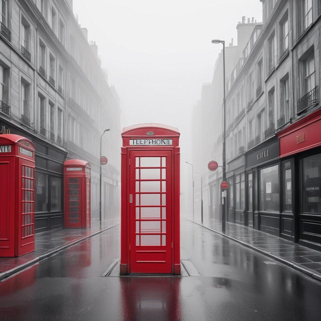 Color splash wide photo of red phone booth in the middle of empty street, detailed, mist, soft
vignette (in the combined style of Mœbius and french comics), (minimal vector:1.1), simple background,s4lma,