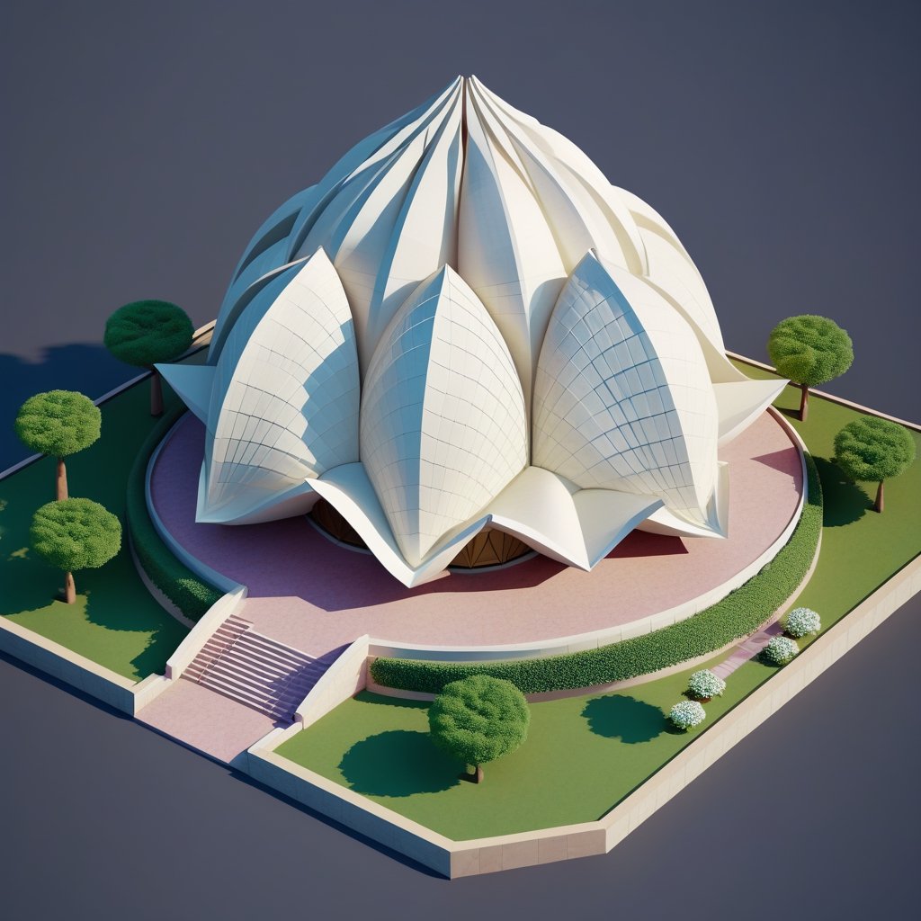 cute 3D isometric model of lotus temple at new delhi | blender render engine niji 5 style expressive,3d isometric,3d style,