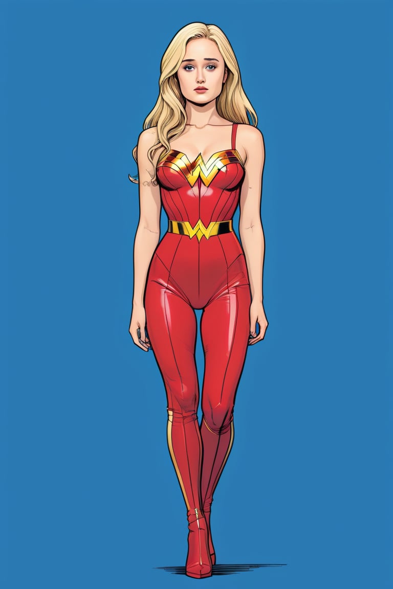 cyberpunk themed, ella purnel, full body, lust face, o mouth, slim body, wearing slim wonder woman jumpsuit, long blonde hair,(in the combined style of Mœbius and french comics), (minimal vector:1.1), simple background,ella_purnell