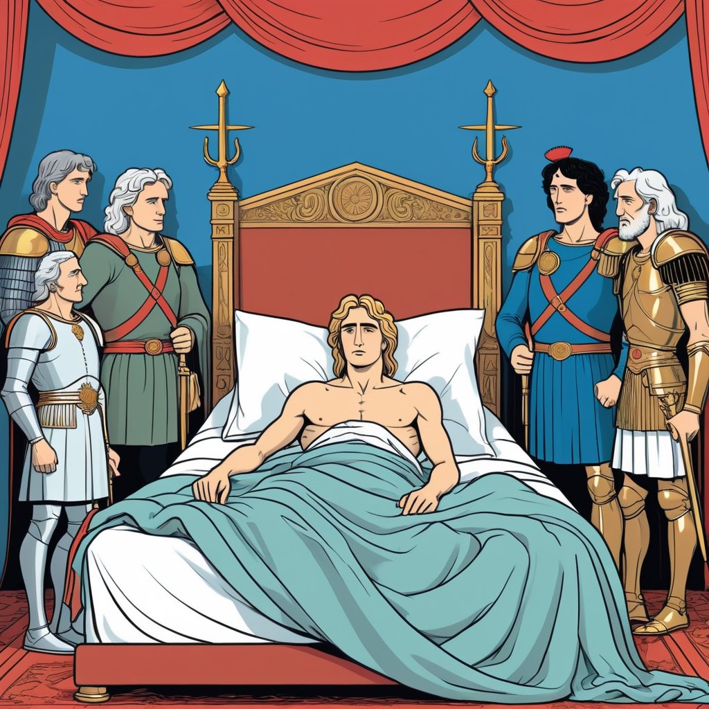 An illustration of a sick Alexander the Great lying in bed surrounded by his generals, (in the combined style of Mœbius and french comics), (minimal vector:1.1)