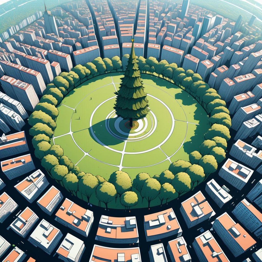 tall tree at the center of city, seen from drone, (in the combined style of Mœbius and french comics), (minimal vector:1.1), simple background,s4lma,