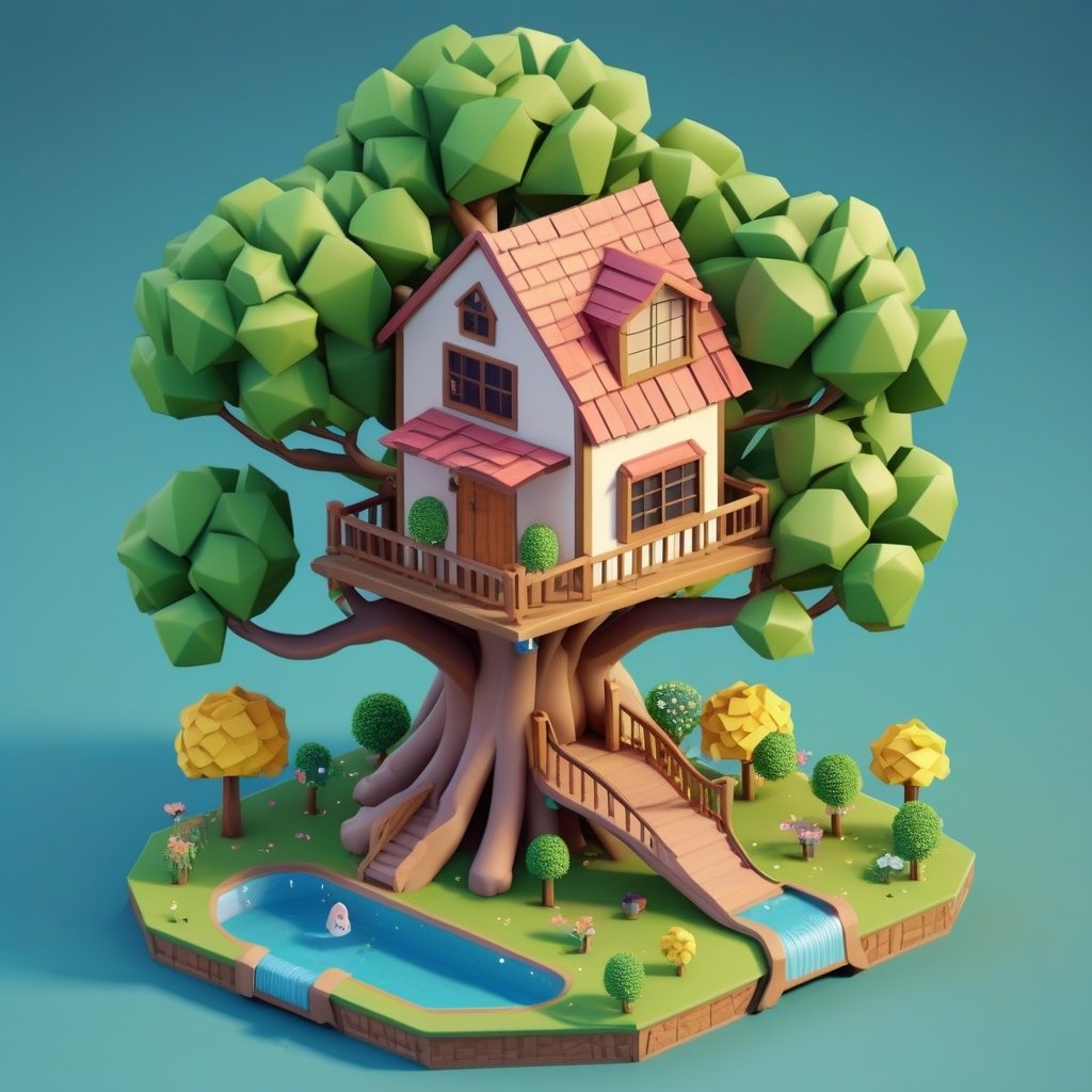 cute 3D isometric model of tree house | blender render engine niji 5 style expressive,3d isometric,3d style,