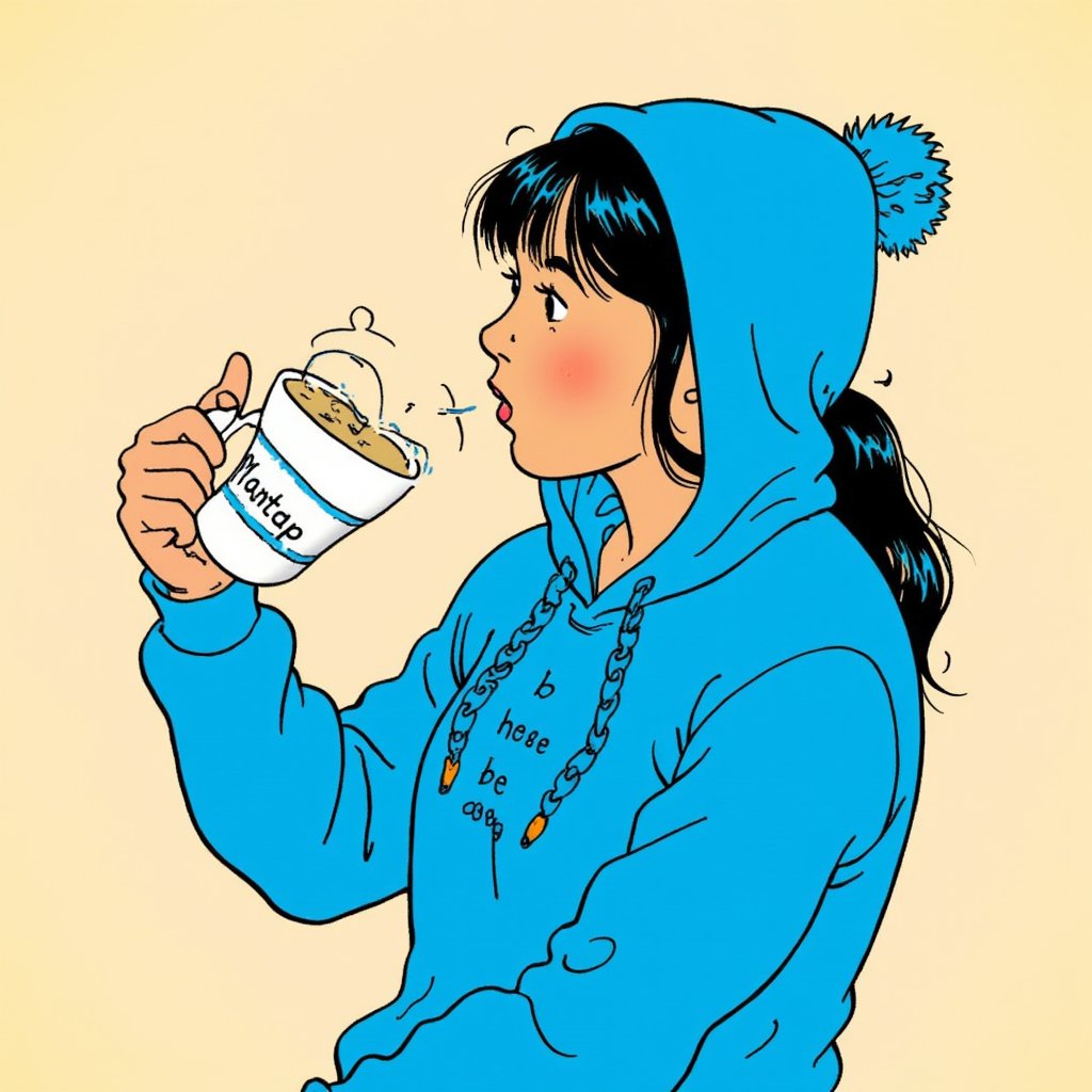 titin_style, A cartoon drawing of A woman in a blue hooded sweatshirt drink a cup of caffe with text at the cup "Mantap".
