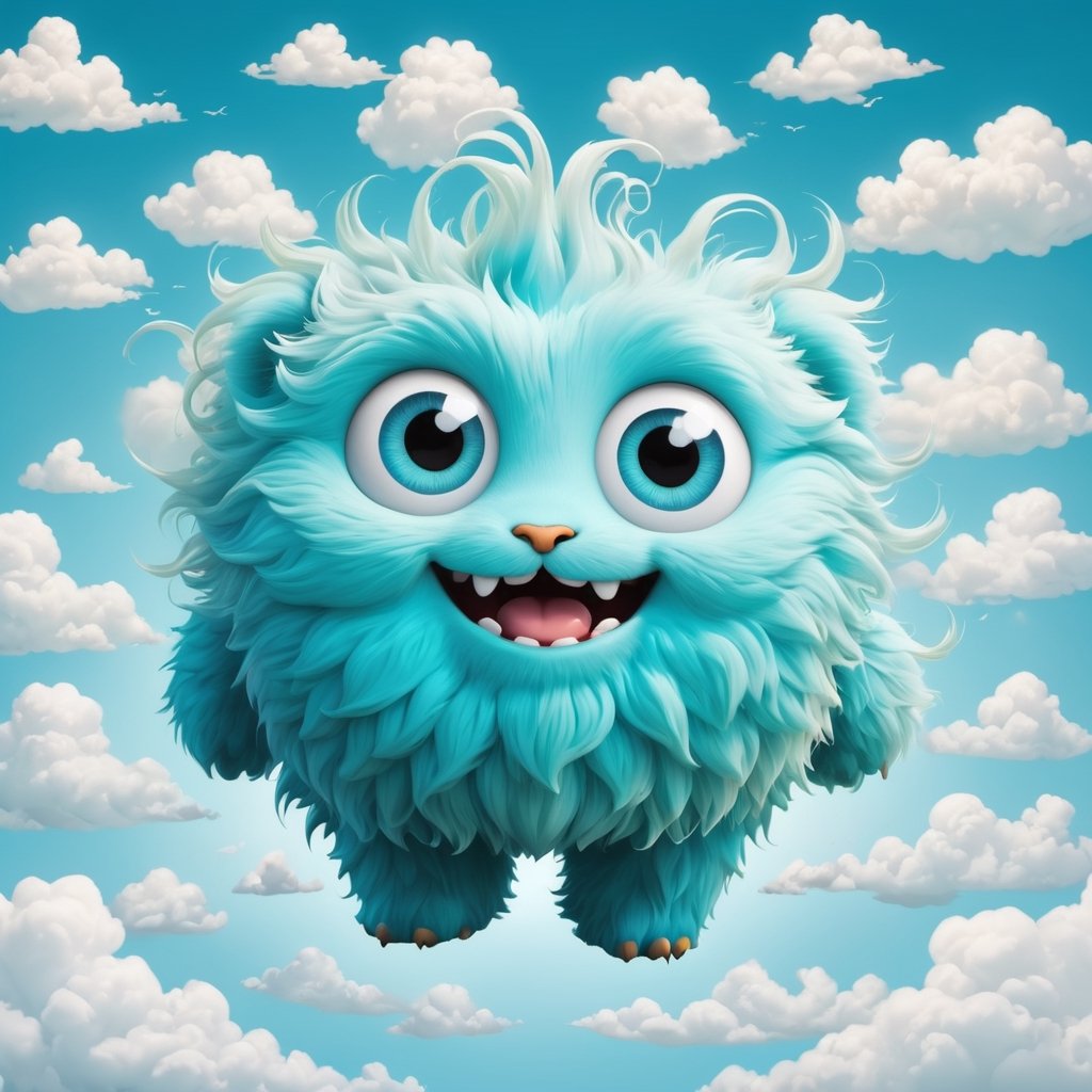 Happy fluffy cyan cube with eyes and (tiny long hands:1.4) isolated on white.,mythical clouds