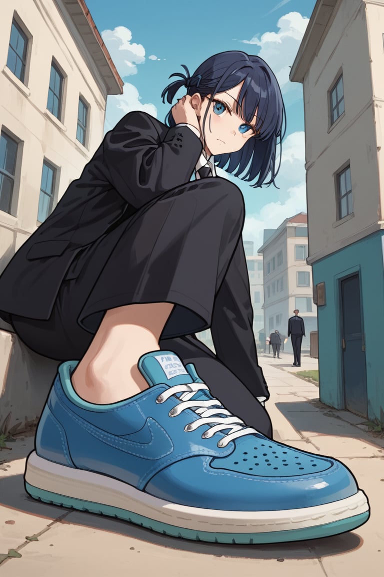 score_9, score_8_up, score_7_up, 1girl, formal suit, black pants, black blazer jacket, white shirt, collared shirt, black tie, blue crocs, crocs, ,   hud_sh03_sh0w, foreshortening, looking at viewer