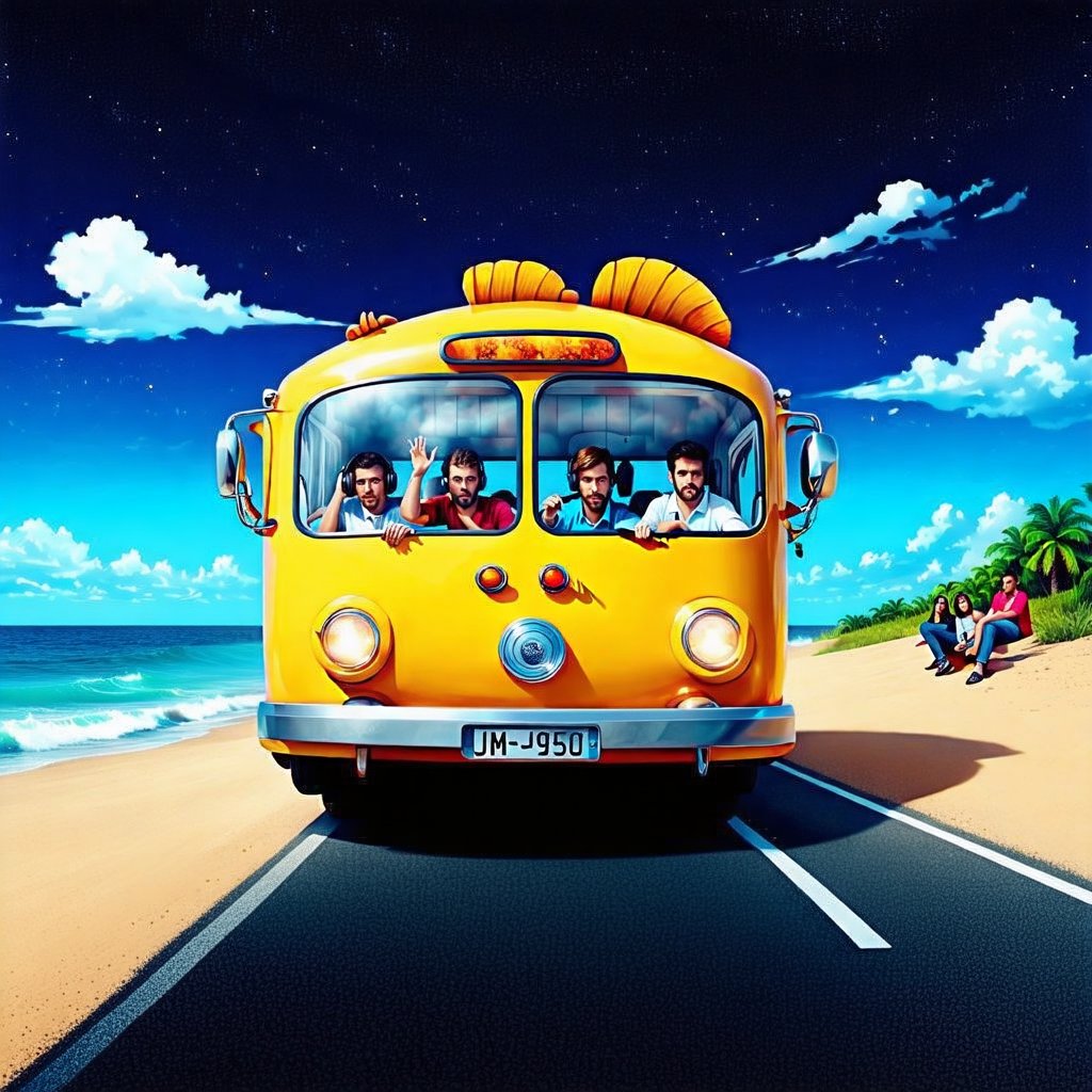 A quirky, imaginative illustration of a fish-shaped bus, cruising down a coastal road. Through the open windows, passengers can be seen inside, each in their own world. A group of people sit bored, their eyes glazed over and their shoulders slumped. Next to them, a couple of passengers are listening to music, one with headphones on, the other with a portable radio playing softly. The overall atmosphere of the image is whimsical, with a touch of surrealism.