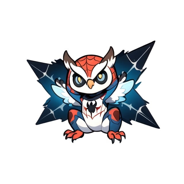 centered, ((solo)), digital art, full body, | ((cute of owl)), chibi, black and blue sky futuristic, neon lights, | (white background:1.2), simple background, | (symetrical), Animal, (use spiderman costume)