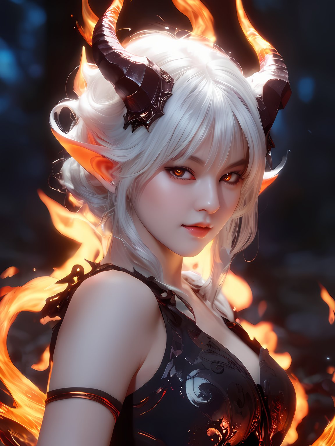 (cute demoness with flame horns, flaming veins), (masterpiece, best quality, ultra-detailed, best shadow), (detailed background,dark fantasy), (beautiful detailed face), high contrast, (best illumination, an extremely delicate and beautiful), ((cinematic light)), colorful, hyper detail, dramatic light, intricate details, (1girl, solo,white hair, sharp face, amber eyes, hair between eyes,dynamic angle), blood splatter, swirling black light around the character, depth of field,black light particles,(broken glass),magic circle, full body, 