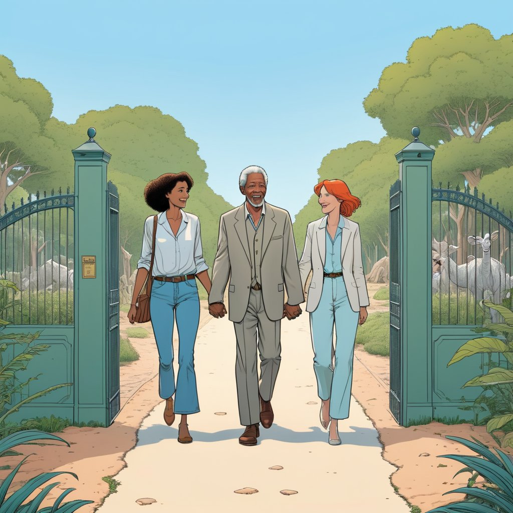 A happy couple entering a zoo, the man is Morgan Freeman, holding hands, seen from drone, (in the combined style of Mœbius and french comics), (minimal vector:1.1), simple background,